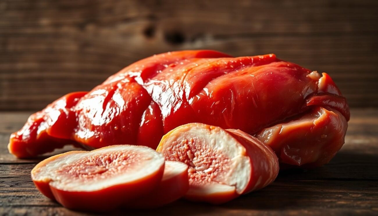 Tender chicken breast laid out against a rustic wooden surface, showcasing its rich, deep-red hue. The meat glistens under warm, natural lighting, inviting close inspection. In the foreground, sliced sections reveal the chicken's internal structure, highlighting the nutritious iron content. The composition is balanced, with the chicken's silhouette framed by a subdued background, drawing the viewer's attention to the focal point. This image captures the essence of the section's title, "Carni Bianche e Ferro: Un Rapporto da Rivalutare," emphasizing the valuable iron found in white meats like chicken, and its importance in maintaining a healthy, energetic lifestyle. Tender chicken breast laid out against a rustic wooden surface, showcasing its rich, deep-red hue. The meat glistens under warm, natural lighting, inviting close inspection. In the foreground, sliced sections reveal the chicken's internal structure, highlighting the nutritious iron content. The composition is balanced, with the chicken's silhouette framed by a subdued background, drawing the viewer's attention to the focal point. This image captures the essence of the section's title, "Carni Bianche e Ferro: Un Rapporto da Rivalutare," emphasizing the valuable iron found in white meats like chicken, and its importance in maintaining a healthy, energetic lifestyle.