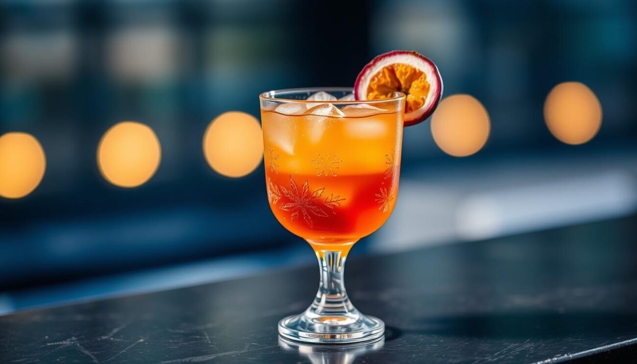 Un cocktail analcolico innovativo a base di Sanbitter Fumante e passion fruit, servito in un bicchiere ghiacciato.