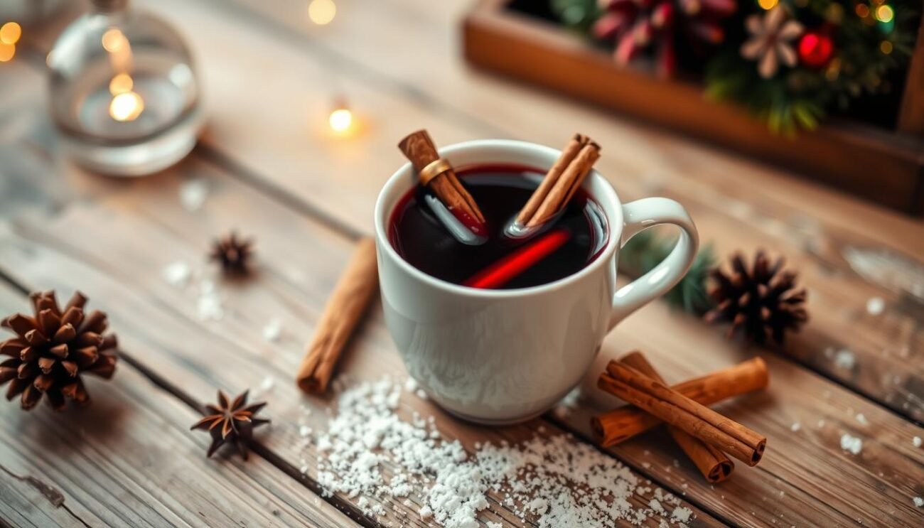 Una tazza di vin brûlé con cannella e chiodi di garofano Una tazza di vin brûlé con cannella e chiodi di garofano