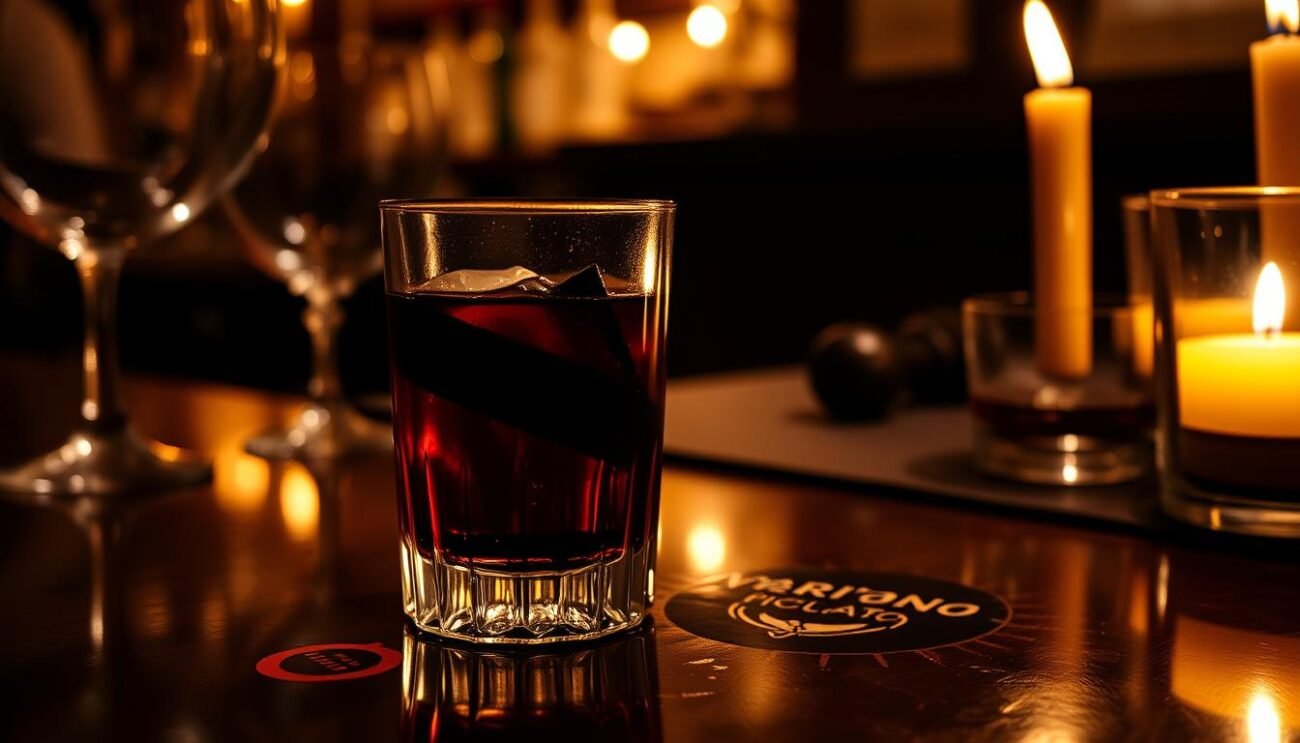 Vermouth Cioccolato Piccante: a low-key yet captivating cocktail, its deep amber hue reflected in a crystal tumbler. Silky dark chocolate mingles with the herbaceous notes of vermouth, punctuated by the fiery bite of Calabrian chili. The scene is one of intimate sophistication - a dimly lit bar, vintage glassware, and the glow of soft candlelight. Shadows dance across the table, creating an atmosphere of quiet intensity. The drink's complex flavors unfold slowly, inviting the imbiber to savor each sip and appreciate the meeting of Torinese tradition and bold, passionate flavors.