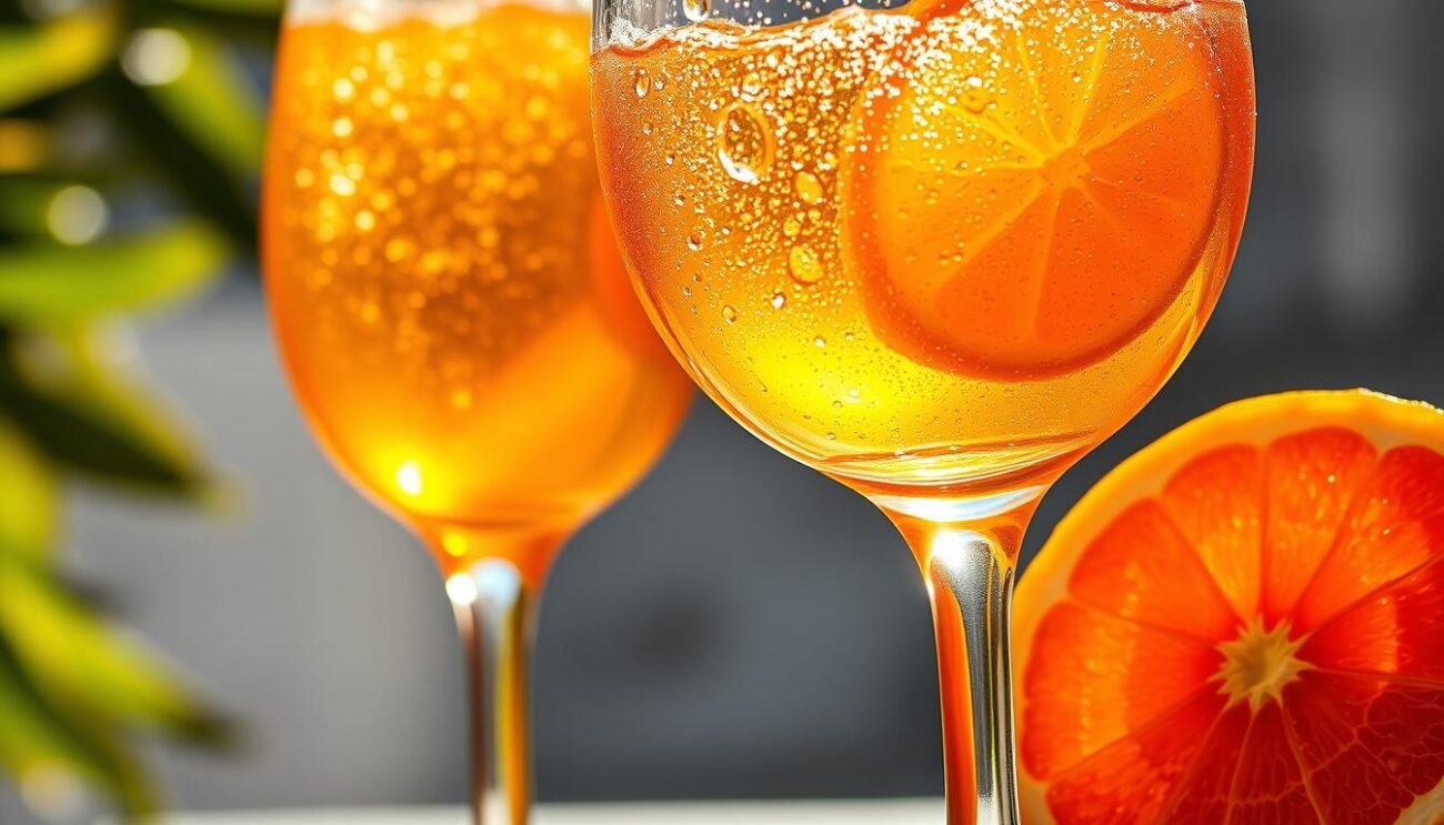 Vibrant Sicilian gazzosa, a refreshing non-alcoholic soda with the essence of fragrant orange blossoms. Sunlight dances through the effervescent liquid, casting a warm glow. Droplets cling to the curved glass, accentuating the artisanal craftsmanship. Slices of ripe citrus fruits adorn the scene, their vibrant hues complementing the amber hue of the beverage. A sense of Mediterranean vitality permeates the image, inviting the viewer to savor the unique flavor of this Sicilian delight.