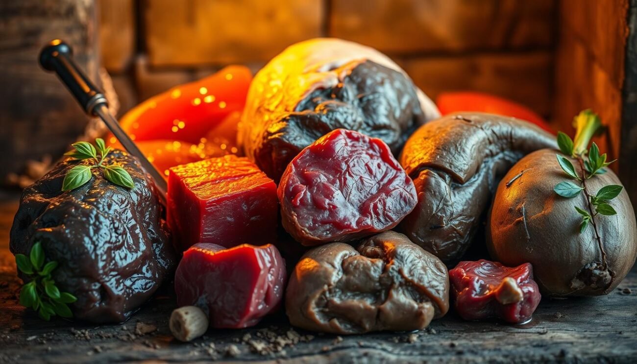 Vibrant assortment of iron-rich offal, an unsung culinary treasure. Glistening liver, crimson kidneys, and earthy heart nestled amidst a rustic backdrop. Warm, golden lighting casts a earthy glow, highlighting the organ's rich, textured surfaces. Arranged in a visually striking still life, capturing the bountiful nutritional power concealed within these humble, overlooked ingredients. A study in contrasts, the image invites the viewer to appreciate the bounty of these frattaglie, the unsung champions of iron-dense cuisine. Vibrant assortment of iron-rich offal, an unsung culinary treasure. Glistening liver, crimson kidneys, and earthy heart nestled amidst a rustic backdrop. Warm, golden lighting casts a earthy glow, highlighting the organ's rich, textured surfaces. Arranged in a visually striking still life, capturing the bountiful nutritional power concealed within these humble, overlooked ingredients. A study in contrasts, the image invites the viewer to appreciate the bounty of these frattaglie, the unsung champions of iron-dense cuisine.