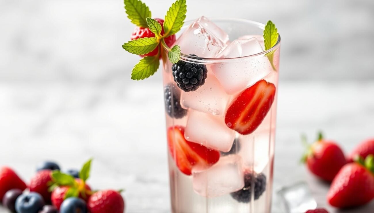 Visualizza un bicchiere alto pieno di Infuso Cocktail Alpino, ghiaccio e guarnito con frutti di bosco freschi. Visualizza un bicchiere alto pieno di Infuso Cocktail Alpino, ghiaccio e guarnito con frutti di bosco freschi.