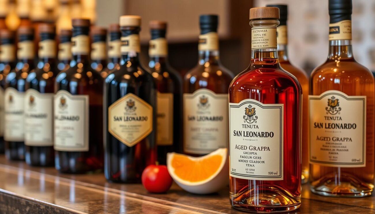 Visualizza una grappa barricata di alta qualità, con note di frutta matura e vaniglia, prodotta dalla prestigiosa Tenuta San Leonardo.