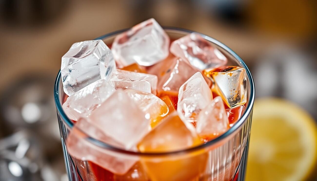 Visualizza uno shaker pieno di ghiaccio e ingredienti, pronto per essere agitato.