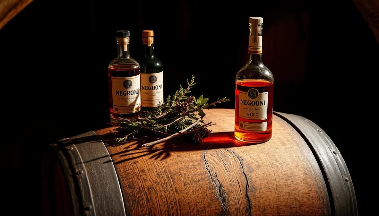 Weathered oak barrel nestled in a dimly lit cellar, soft amber lighting casting a warm glow. Negroni cocktail ingredients - aromatic botanicals, aged vermouth, and barrel-aged gin - rest atop the barrel, their colors and textures evoking the richness of the oak's patina. Shadows and highlights accentuate the barrel's texture, hinting at the passage of time and the meticulous process of aging this classic Italian aperitif. A sense of tradition, craftsmanship, and the melding of flavors permeates the scene, transporting the viewer to a cozy corner of an Italian enoteca.