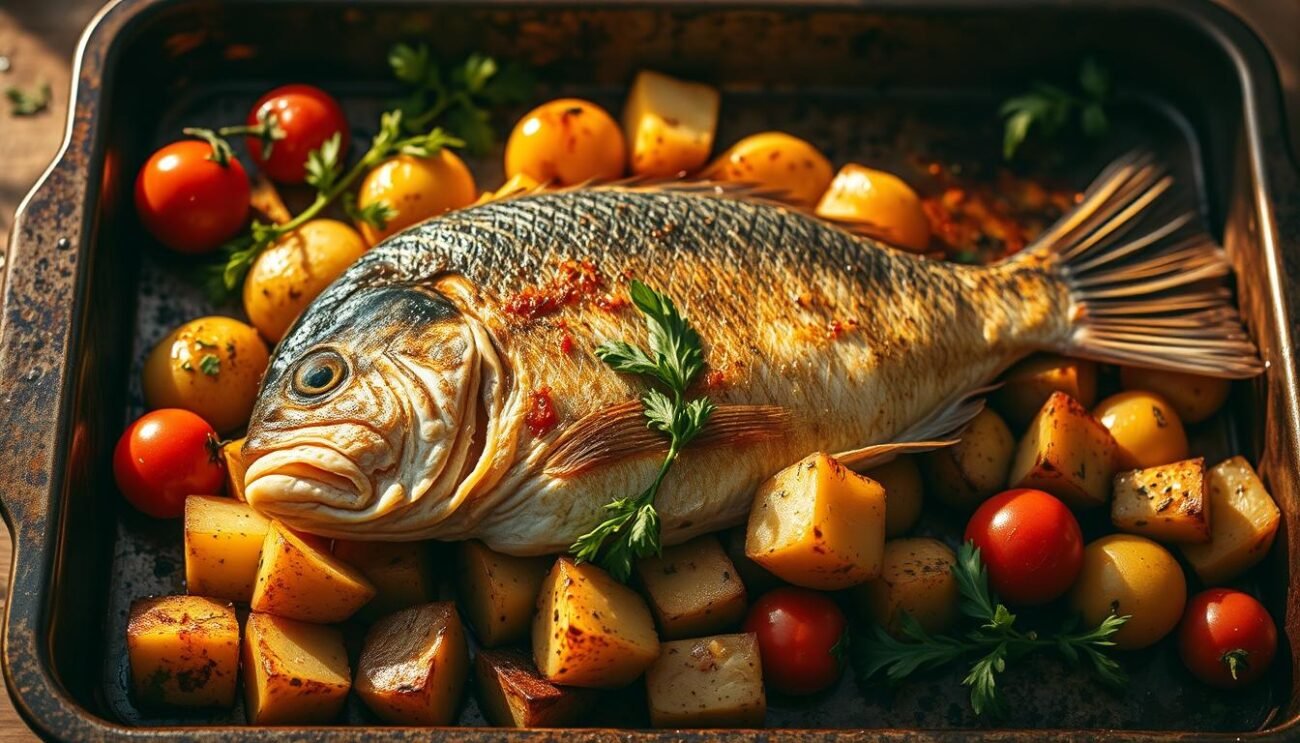 A baked sea bass dish on a rustic baking tray, surrounded by roasted potatoes, cherry tomatoes, and fresh herbs. The fish is golden-brown, with crispy skin, resting atop a bed of tender, caramelized vegetables. Soft, diffused lighting casts warm shadows, creating a cozy, homemade atmosphere. The scene is captured from a slightly elevated angle, showcasing the dish's textures and flavors. The overall mood is one of simple, wholesome Italian home cooking.
