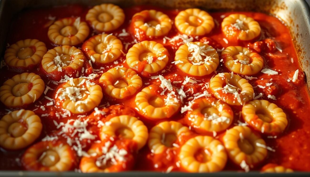 A baking tray filled with golden-brown anelletti al forno, their circular shapes neatly arranged. The pasta is perfectly cooked, with a crisp, bubbly texture on the top. Simmering tomato sauce gently coats the anelletti, its vibrant red hue contrasting beautifully with the pasta's light-brown tones. Shredded mozzarella cheese melts over the dish, creating a rich, creamy topping. The scene is illuminated by warm, natural lighting, casting a cozy, inviting atmosphere. The image captures the classic Sicilian dish in all its rustic, homemade glory, ready to be served and savored.