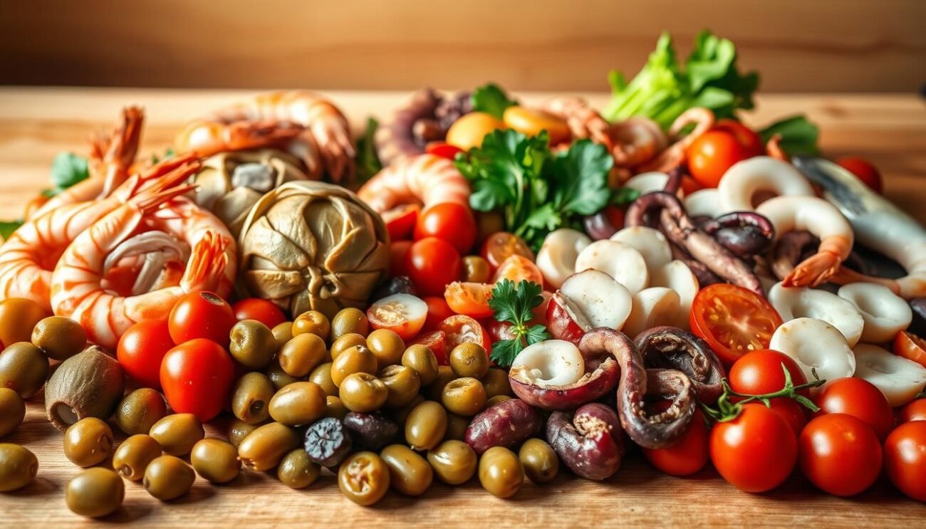 A beautiful assortment of fresh ingredients for the traditional Genovese dish, Cappon Magro. In the foreground, an arrangement of glistening olives, crunchy capers, and vibrant cherry tomatoes. Surrounding them, a variety of seafood: plump shrimp, succulent scallops, and delicate slices of octopus. In the middle ground, a selection of crisp, seasonal vegetables - artichokes, fennel, and baby greens. The background is a soft, natural wood surface, illuminated by warm, natural lighting that highlights the rich colors and textures of this refined Italian feast. The scene evokes the essence of the Ligurian coast, where the Cappon Magro originated, capturing the essence of its simple yet sophisticated ingredients.