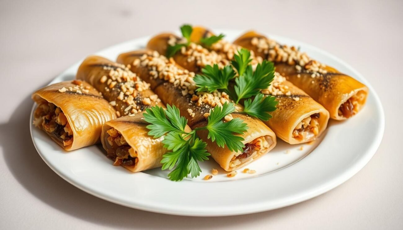 A beautifully arranged plate of Sarde a Beccafico, a classic Sicilian antipasto. Plump sardines, rolled and stuffed with a savory breadcrumb, raisin, and pine nut filling, artfully displayed on a pristine white plate. The sardines glisten under soft, natural lighting, their golden-brown exteriors contrasting with the vibrant green parsley garnish. The presentation is elegant and appetizing, inviting the viewer to savor the sweet-and-sour flavors of this traditional Sicilian dish. The composition is balanced, with the sardines positioned to draw the eye, framed by a simple, minimalist background that allows the food to shine.