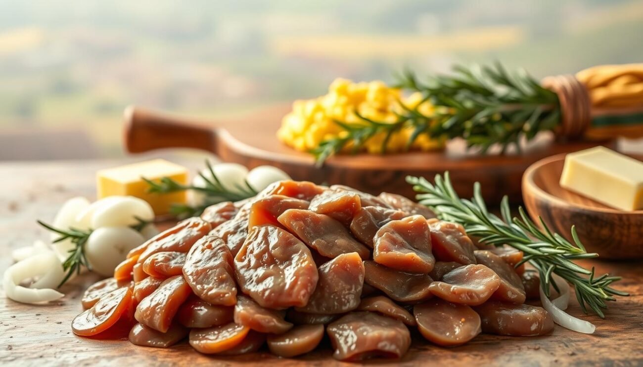 A beautifully arranged still life featuring the key ingredients for the classic Venetian dish "Fegato alla Veneziana". In the foreground, a pile of fresh, sliced calves' liver glistens under warm, natural lighting. Surrounding it, neatly chopped onions, sprigs of rosemary, and a pat of butter await their turn to be sautéed. In the middle ground, a bundle of polenta, the perfect accompaniment, rests on a rustic wooden board. The background is filled with a soft, hazy Italian countryside, evoking the historic flavors of this beloved regional cuisine. The composition is balanced, the colors vibrant, and the overall mood is one of authentic, homespun culinary tradition. A beautifully arranged still life featuring the key ingredients for the classic Venetian dish "Fegato alla Veneziana". In the foreground, a pile of fresh, sliced calves' liver glistens under warm, natural lighting. Surrounding it, neatly chopped onions, sprigs of rosemary, and a pat of butter await their turn to be sautéed. In the middle ground, a bundle of polenta, the perfect accompaniment, rests on a rustic wooden board. The background is filled with a soft, hazy Italian countryside, evoking the historic flavors of this beloved regional cuisine. The composition is balanced, the colors vibrant, and the overall mood is one of authentic, homespun culinary tradition.