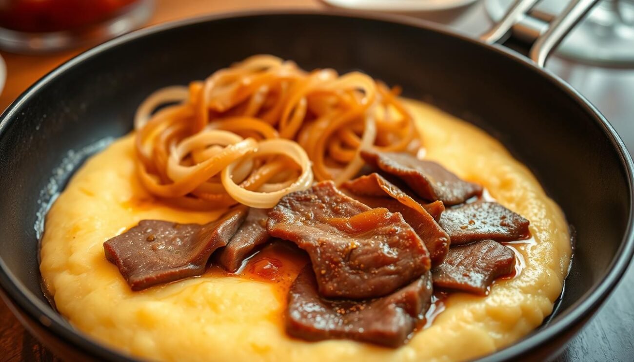 A beautifully crafted plate of fegato alla veneziana, the classic Venetian liver dish. In the foreground, thinly sliced calf's liver sizzles in a hot pan, caramelized to a rich golden-brown. The middle ground features a delicate tangle of slowly cooked onions, their sweetness complementing the savory liver. In the background, a bed of creamy polenta provides a hearty foundation, ready to soak up the flavorful juices. Warm lighting casts a cozy glow, evoking the intimate trattorias of Venice. The composition is balanced, the colors vibrant, capturing the essence of this beloved Italian comfort food. A beautifully crafted plate of fegato alla veneziana, the classic Venetian liver dish. In the foreground, thinly sliced calf's liver sizzles in a hot pan, caramelized to a rich golden-brown. The middle ground features a delicate tangle of slowly cooked onions, their sweetness complementing the savory liver. In the background, a bed of creamy polenta provides a hearty foundation, ready to soak up the flavorful juices. Warm lighting casts a cozy glow, evoking the intimate trattorias of Venice. The composition is balanced, the colors vibrant, capturing the essence of this beloved Italian comfort food.