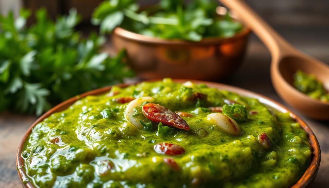 A beautifully crafted salsa verde, glistening with vibrant green herbs, garlic, and olive oil. The foreground showcases the rich, creamy texture, while the middle ground reveals the finely chopped parsley, basil, and anchovies that impart the classic Genovese flavors. In the background, a copper bowl and a wooden spoon evoke the rustic Italian kitchen setting. Soft, natural lighting casts gentle shadows, highlighting the depth and complexity of this traditional condiment. The overall mood is one of culinary artistry and authentic Italian tradition.