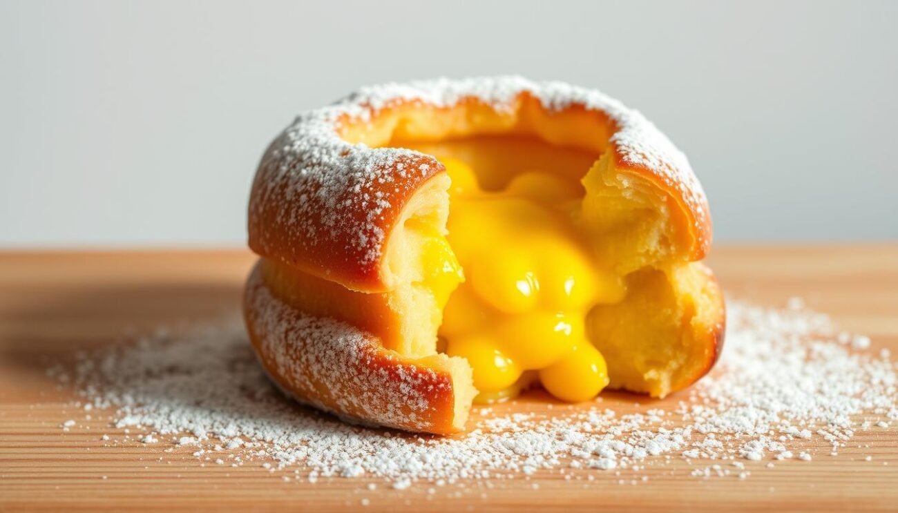 A beautifully crafted traditional Neapolitan migliaccio dessert, made with semolina, ricotta, and the warm, comforting flavors of the Carnival season. The vibrant yellow custard-like interior is encased in a delicate, golden-brown crust, adorned with a light dusting of powdered sugar. The scene is illuminated by soft, natural lighting, capturing the rustic, homemade appeal of this beloved regional delicacy. The migliaccio sits atop a simple wooden surface, framed by a plain background that allows the dish to take center stage, showcasing its timeless beauty and the rich cultural heritage it represents. A beautifully crafted traditional Neapolitan migliaccio dessert, made with semolina, ricotta, and the warm, comforting flavors of the Carnival season. The vibrant yellow custard-like interior is encased in a delicate, golden-brown crust, adorned with a light dusting of powdered sugar. The scene is illuminated by soft, natural lighting, capturing the rustic, homemade appeal of this beloved regional delicacy. The migliaccio sits atop a simple wooden surface, framed by a plain background that allows the dish to take center stage, showcasing its timeless beauty and the rich cultural heritage it represents.