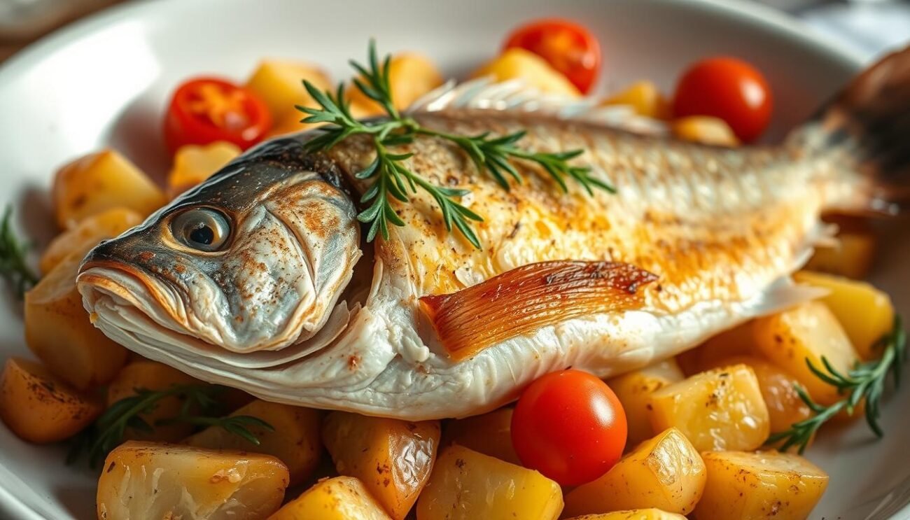 A beautifully golden baked orata (sea bream) rests atop a bed of tender, roasted potatoes. The fish's skin has a delicate, crispy finish, while the flesh within is moist and flavorful. Halved cherry tomatoes add pops of juicy sweetness, and a sprinkling of fresh, fragrant myrtle leaves completes the rustic, Mediterranean scene. Soft, diffused lighting illuminates the dish, creating a warm, appetizing atmosphere. The camera angle captures the orata in an elegant, three-quarter view, showcasing the dish's flawless presentation and mouthwatering appeal. A beautifully golden baked orata (sea bream) rests atop a bed of tender, roasted potatoes. The fish's skin has a delicate, crispy finish, while the flesh within is moist and flavorful. Halved cherry tomatoes add pops of juicy sweetness, and a sprinkling of fresh, fragrant myrtle leaves completes the rustic, Mediterranean scene. Soft, diffused lighting illuminates the dish, creating a warm, appetizing atmosphere. The camera angle captures the orata in an elegant, three-quarter view, showcasing the dish's flawless presentation and mouthwatering appeal.