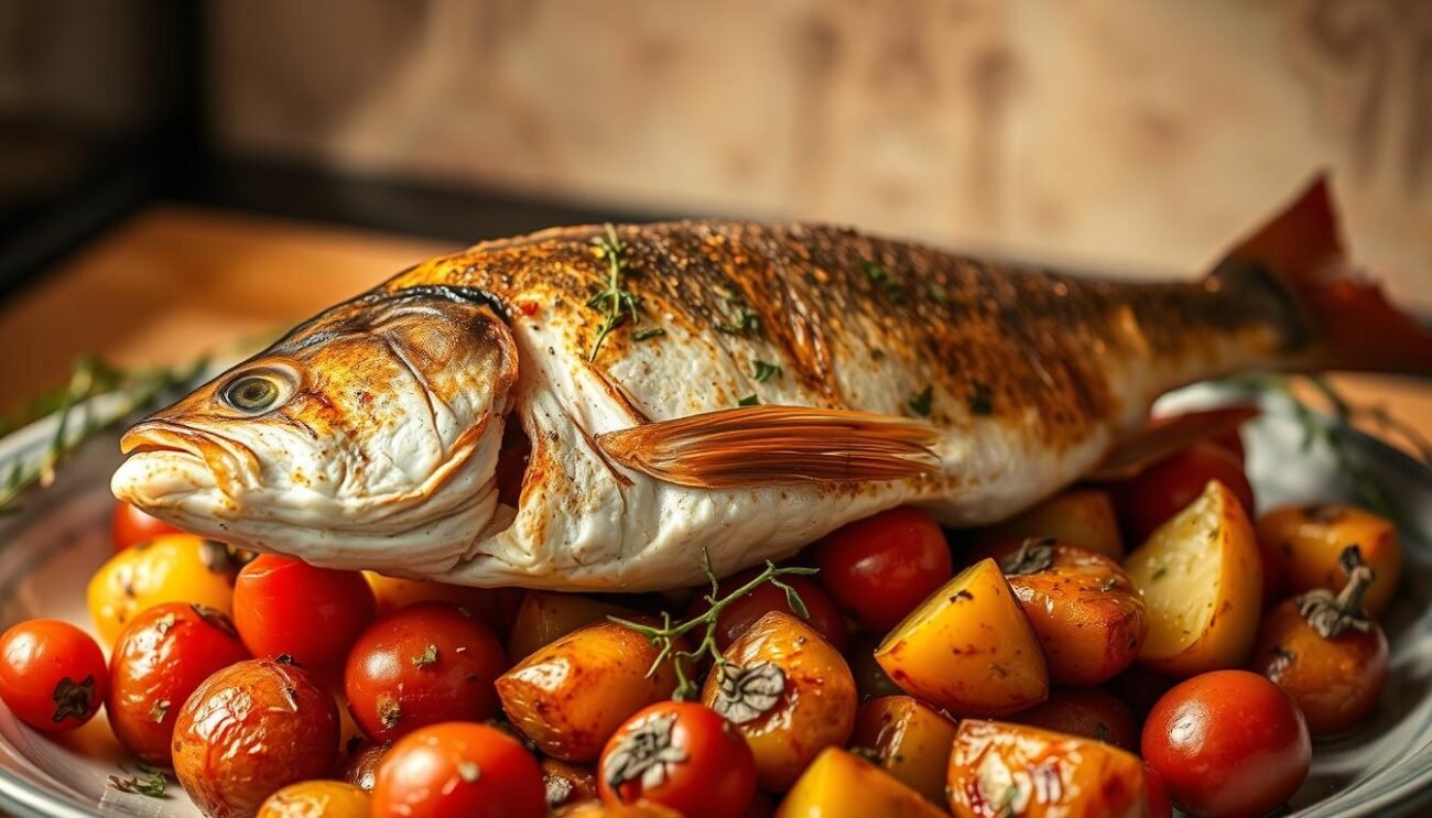 A beautifully golden-brown orata fish, fresh from the oven, sits atop a bed of roasted potatoes and cherry tomatoes. The savory aroma of Mediterranean herbs and a hint of myrtle wafts through the air. Crisp skin gives way to flaky, moist flesh, while the potatoes and tomatoes have absorbed the rich flavors of the fish. Soft, diffused lighting illuminates the scene, creating a warm, homey atmosphere. The composition is balanced, with the fish as the focal point, surrounded by the supporting cast of vegetables. This rustic, Italian-inspired dish is a feast for the senses, perfectly capturing the essence of "orata al forno alla sarda." A beautifully golden-brown orata fish, fresh from the oven, sits atop a bed of roasted potatoes and cherry tomatoes. The savory aroma of Mediterranean herbs and a hint of myrtle wafts through the air. Crisp skin gives way to flaky, moist flesh, while the potatoes and tomatoes have absorbed the rich flavors of the fish. Soft, diffused lighting illuminates the scene, creating a warm, homey atmosphere. The composition is balanced, with the fish as the focal point, surrounded by the supporting cast of vegetables. This rustic, Italian-inspired dish is a feast for the senses, perfectly capturing the essence of "orata al forno alla sarda."