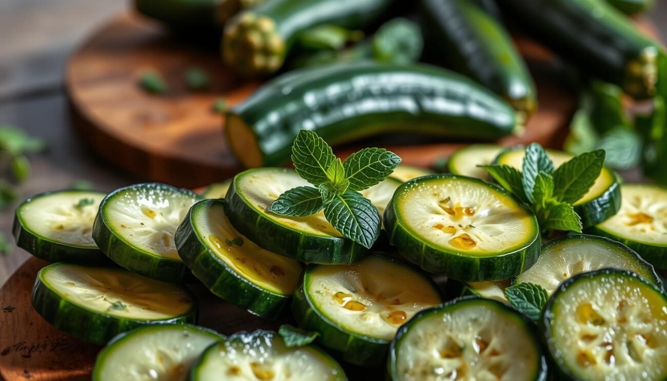 A beautifully lit and composed still life showcasing a variety of zucchine alla scapece, a traditional Italian dish. The zucchini slices are arranged in the foreground, glistening with a light coating of olive oil and flecked with delicate mint leaves. The middle ground features a rustic wooden board or platter, echoing the earthy tones of the produce. Soft, natural lighting casts gentle shadows, highlighting the vibrant green of the zucchini and the fragrant herbs. The overall mood is one of simplicity, authenticity, and the beauty of fresh, seasonal ingredients. The image should capture the essence of the traditional "zucchine alla scapece" recipe, as described in the section title. A beautifully lit and composed still life showcasing a variety of zucchine alla scapece, a traditional Italian dish. The zucchini slices are arranged in the foreground, glistening with a light coating of olive oil and flecked with delicate mint leaves. The middle ground features a rustic wooden board or platter, echoing the earthy tones of the produce. Soft, natural lighting casts gentle shadows, highlighting the vibrant green of the zucchini and the fragrant herbs. The overall mood is one of simplicity, authenticity, and the beauty of fresh, seasonal ingredients. The image should capture the essence of the traditional "zucchine alla scapece" recipe, as described in the section title.