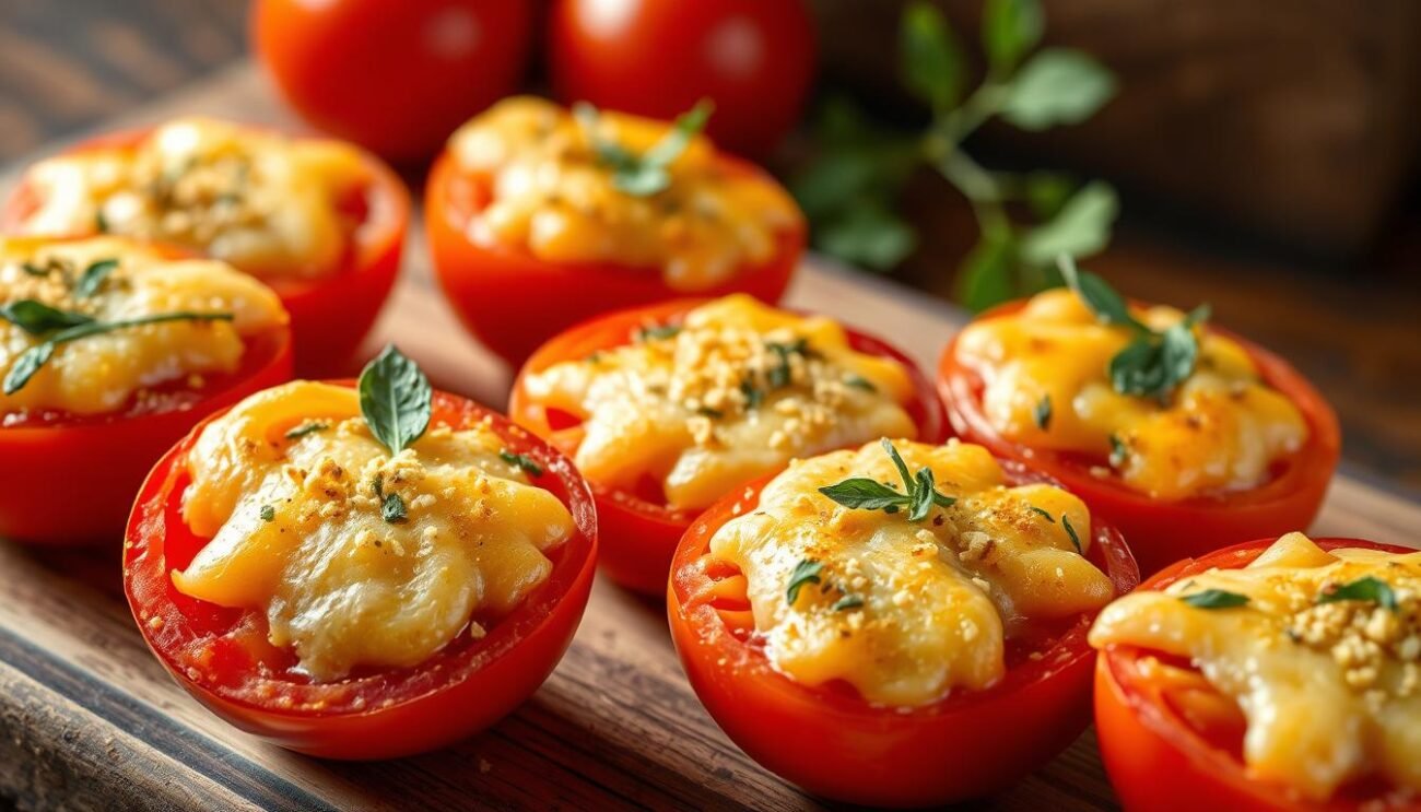 A beautifully lit close-up shot of fresh tomatoes, halved and arranged artfully on a rustic wooden surface. The tomatoes have a golden, bubbly cheese topping, with a sprinkle of fresh herbs, garlic, and breadcrumbs for texture. The lighting is warm and inviting, creating an appetizing atmosphere. The composition draws the eye to the vibrant red of the tomatoes and the enticing golden crust. The background is slightly blurred, placing the focus on the delicious-looking "pomodori gratinati" in the foreground.