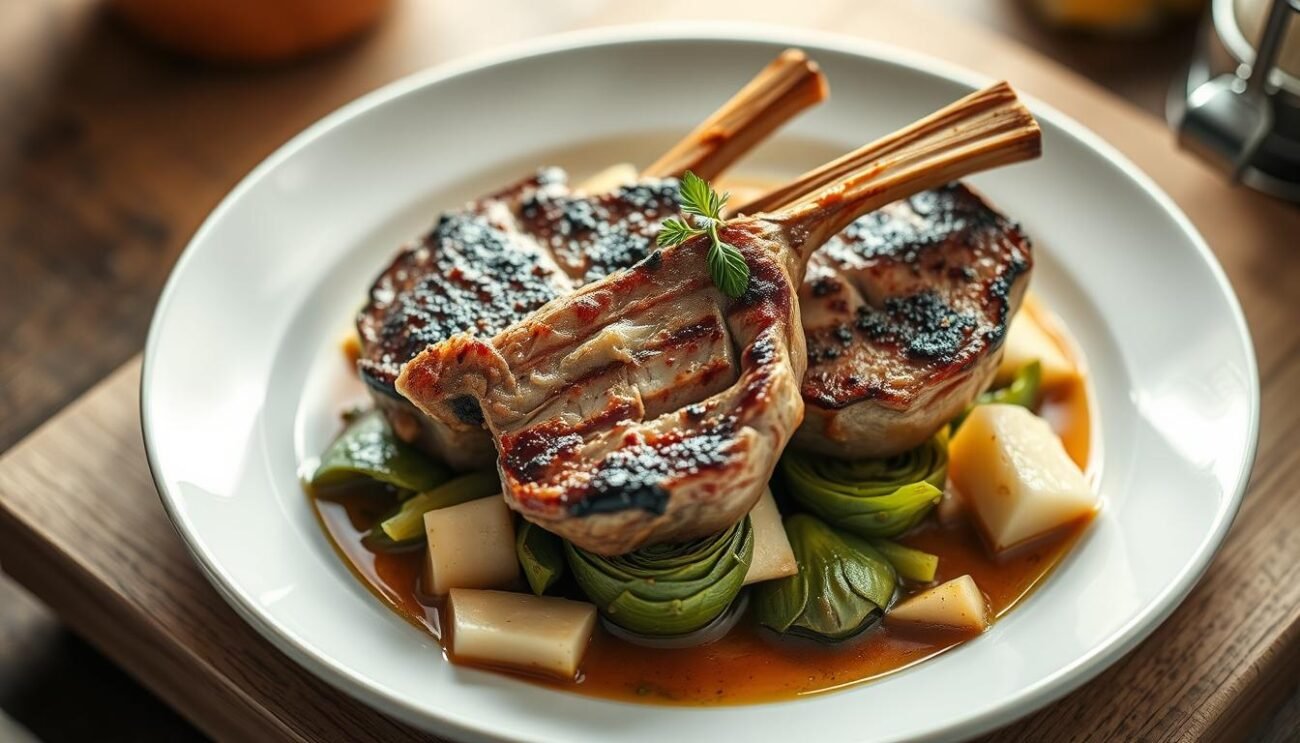 A beautifully plated dish of tender lamb chops nestled atop a bed of artichoke hearts, simmered in a fragrant sauce. The lamb is seared to a golden-brown crust, the artichoke leaves unfurling in a vibrant green display. The composition is balanced, with the rich, juicy meat contrasting against the bright, acidic notes of the artichokes. Soft lighting illuminates the scene, casting a warm, inviting glow. The image is captured with a shallow depth of field, drawing the eye to the central focus of the dish. The overall atmosphere is one of rustic elegance, perfectly capturing the essence of this traditional Sardinian Easter second course.