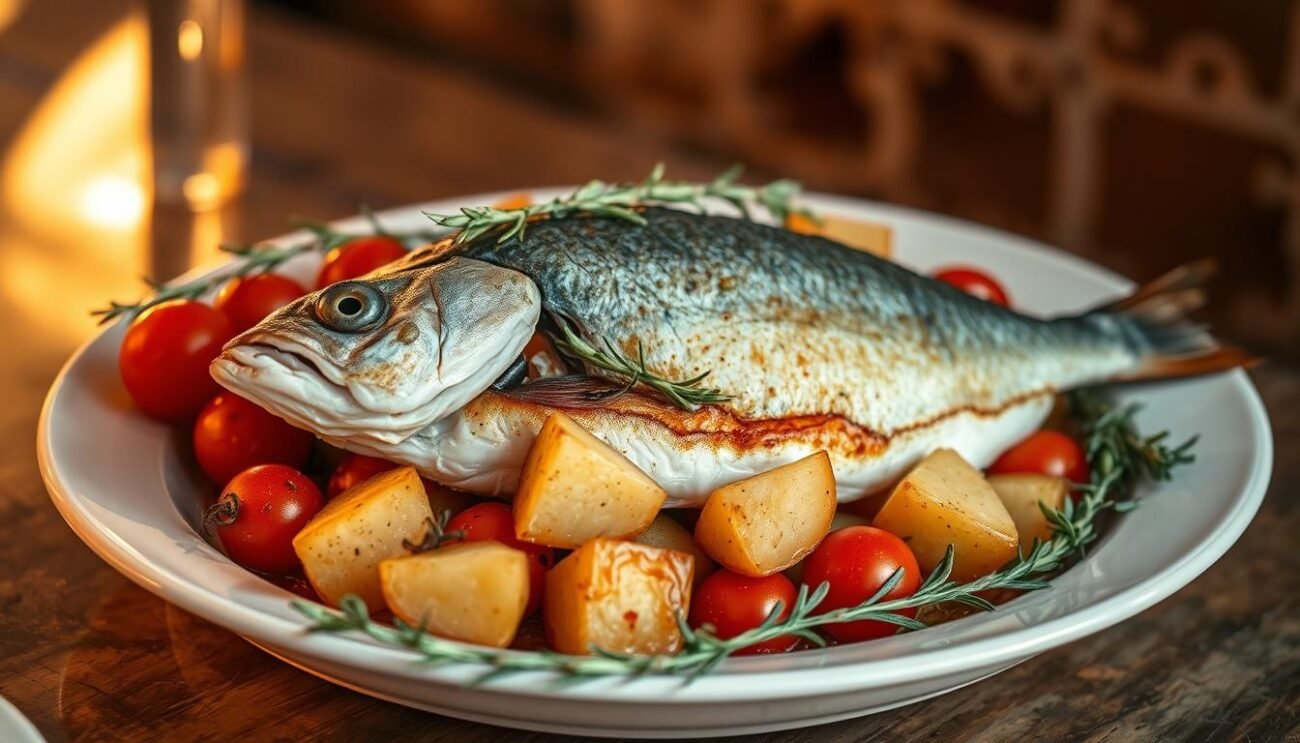 A beautifully presented baked orata (sea bream) dish, showcasing the rustic flavors of Sardinia. The succulent fish is nestled atop a bed of roasted potatoes, cherry tomatoes, and fragrant myrtle sprigs. The scene is bathed in warm, golden light, casting a inviting glow over the carefully arranged components. The presentation is simple yet elegant, reflecting the traditional cooking techniques and the rich, Mediterranean essence of the dish. The mouthwatering aroma of the baked orata al forno fills the air, enticing the senses and promising a delectable culinary experience. A beautifully presented baked orata (sea bream) dish, showcasing the rustic flavors of Sardinia. The succulent fish is nestled atop a bed of roasted potatoes, cherry tomatoes, and fragrant myrtle sprigs. The scene is bathed in warm, golden light, casting a inviting glow over the carefully arranged components. The presentation is simple yet elegant, reflecting the traditional cooking techniques and the rich, Mediterranean essence of the dish. The mouthwatering aroma of the baked orata al forno fills the air, enticing the senses and promising a delectable culinary experience.