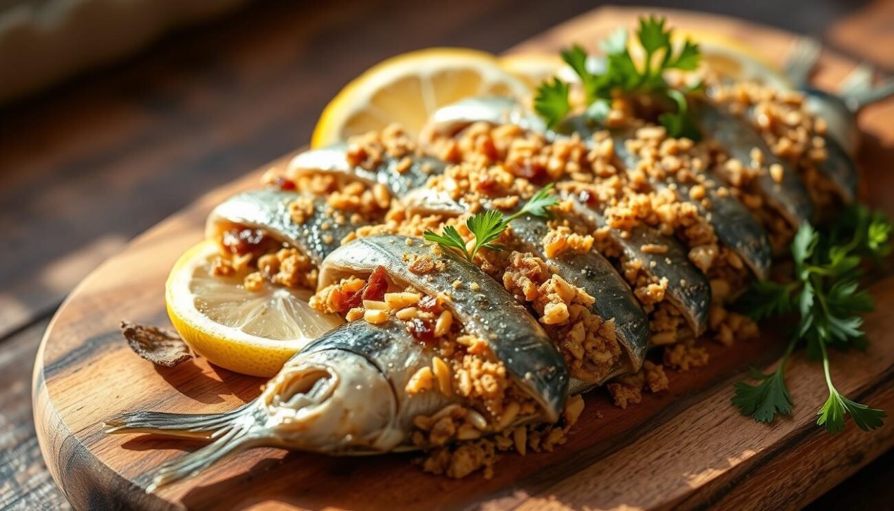 A beautifully presented dish of sarde a beccafico, a traditional Sicilian sweet and sour sardine delicacy. Close-up view of the fresh, glistening sardines, skillfully stuffed with a flavorful mixture of breadcrumbs, pine nuts, raisins, and aromatic herbs. The sardines are neatly arranged on a rustic wooden board, accented by vibrant green parsley sprigs and slices of lemon. Warm, natural lighting casts a soft, inviting glow, highlighting the dish's rich, caramelized hues. The scene conveys the authentic flavors and textures of this beloved Palermitan second course, ready to be savored. A beautifully presented dish of sarde a beccafico, a traditional Sicilian sweet and sour sardine delicacy. Close-up view of the fresh, glistening sardines, skillfully stuffed with a flavorful mixture of breadcrumbs, pine nuts, raisins, and aromatic herbs. The sardines are neatly arranged on a rustic wooden board, accented by vibrant green parsley sprigs and slices of lemon. Warm, natural lighting casts a soft, inviting glow, highlighting the dish's rich, caramelized hues. The scene conveys the authentic flavors and textures of this beloved Palermitan second course, ready to be savored.