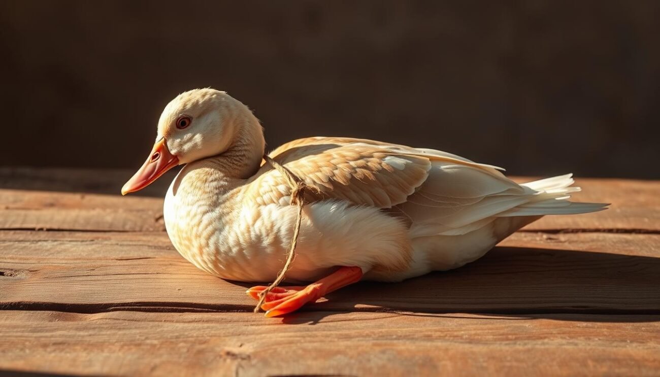A bound duck, its wings and legs tied with delicate twine, rests on a rustic wooden surface. The natural lighting casts a warm, golden glow, highlighting the bird's soft, downy feathers. In the background, a simple, earthy backdrop of muted hues complements the overall tranquil atmosphere. The image conveys a sense of artful preparation, as if the duck is ready to be transformed into a culinary masterpiece. The perspective is slightly elevated, providing a clean, unobstructed view of the subject.
