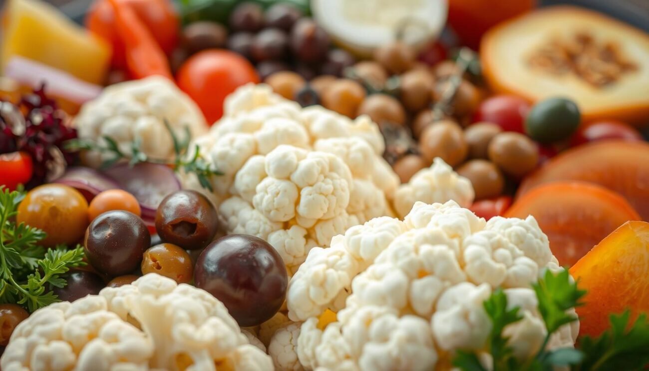 A bountiful arrangement of fresh and vibrant vegetables, capturing the essence of the traditional Italian "Insalata di Rinforzo". In the foreground, a medley of crisp cauliflower florets, accompanied by a variety of pickled vegetables, their colors and textures creating a captivating visual harmony. In the middle ground, a scattering of olives, capers, and aromatic herbs, adding depth and complexity to the scene. The background is softly blurred, allowing the ingredients to take center stage, bathed in a warm, natural light that enhances their vibrant hues. The overall composition conveys a sense of abundance, tradition, and the comforting flavors of the classic Italian Christmas dish.
