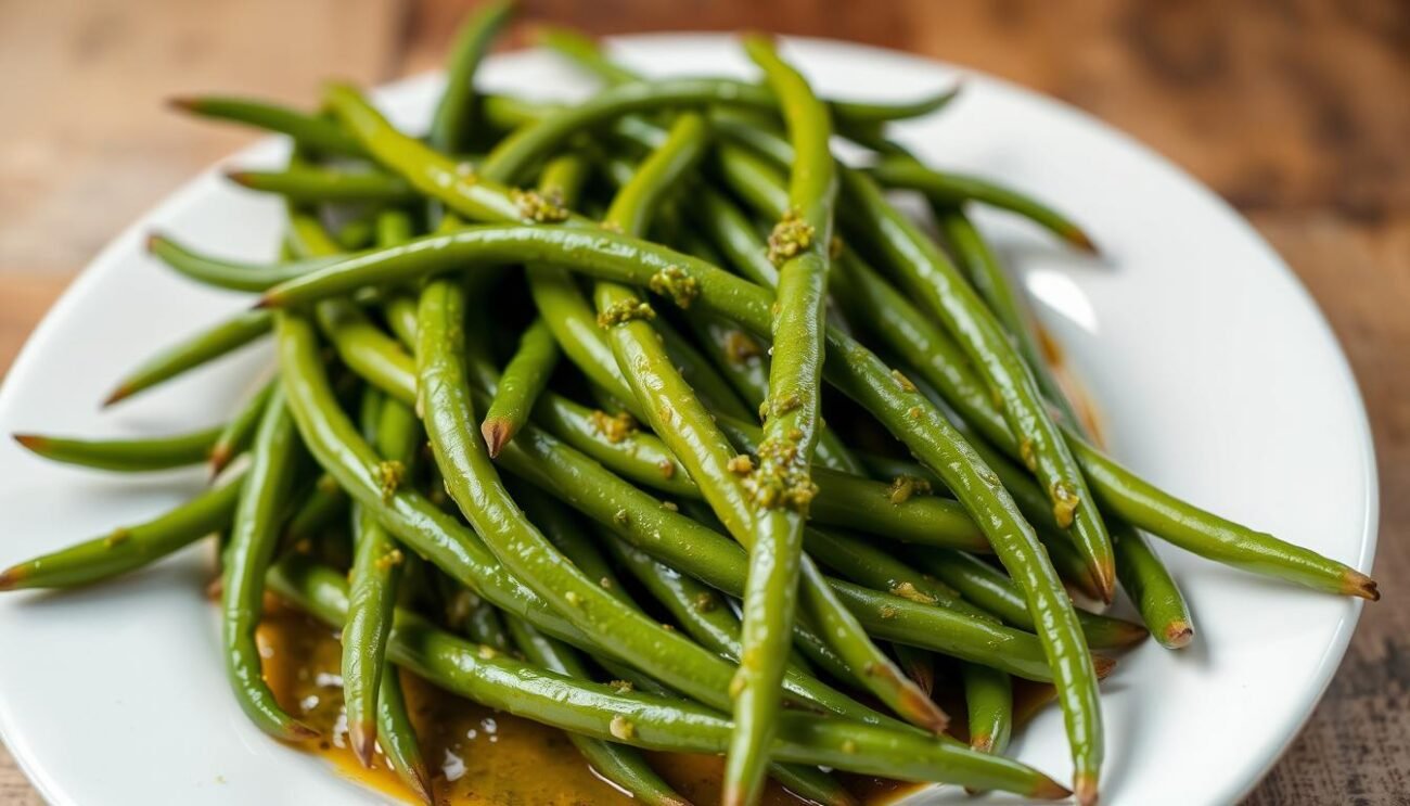 A bountiful arrangement of slender, vibrant green fagiolini (green beans), glistening with a silky pesto sauce. The beans are artfully arranged, highlighting their delicate, curved forms against a backdrop of warm, earthy tones. The pesto, a signature Ligurian sauce, clings to the beans, its basil-infused green hue and shimmering olive oil texture drawing the eye. Gentle side-lighting casts a soft, diffused glow, emphasizing the dish's rustic yet elegant presentation. The overall scene evokes the charm and simplicity of traditional Ligurian cuisine, inviting the viewer to savor the flavors and textures of this beloved regional specialty.