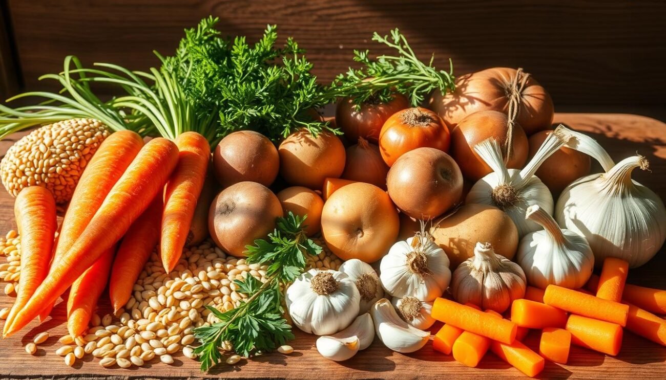 A bountiful assortment of the freshest ingredients for a hearty Trentina-style barley soup, artfully arranged on a rustic wooden surface. Plump barley grains, vibrant carrots, earthy potatoes, fragrant onions, and robust garlic cloves stand ready to be transformed into a comforting mountain dish. Sunlight filters in, casting a warm glow across the scene, evoking the cozy ambiance of an Alpine kitchen. The composition emphasizes the natural textures and colors of the ingredients, inviting the viewer to savor the authentic flavors of this traditional Alto Adige delicacy.