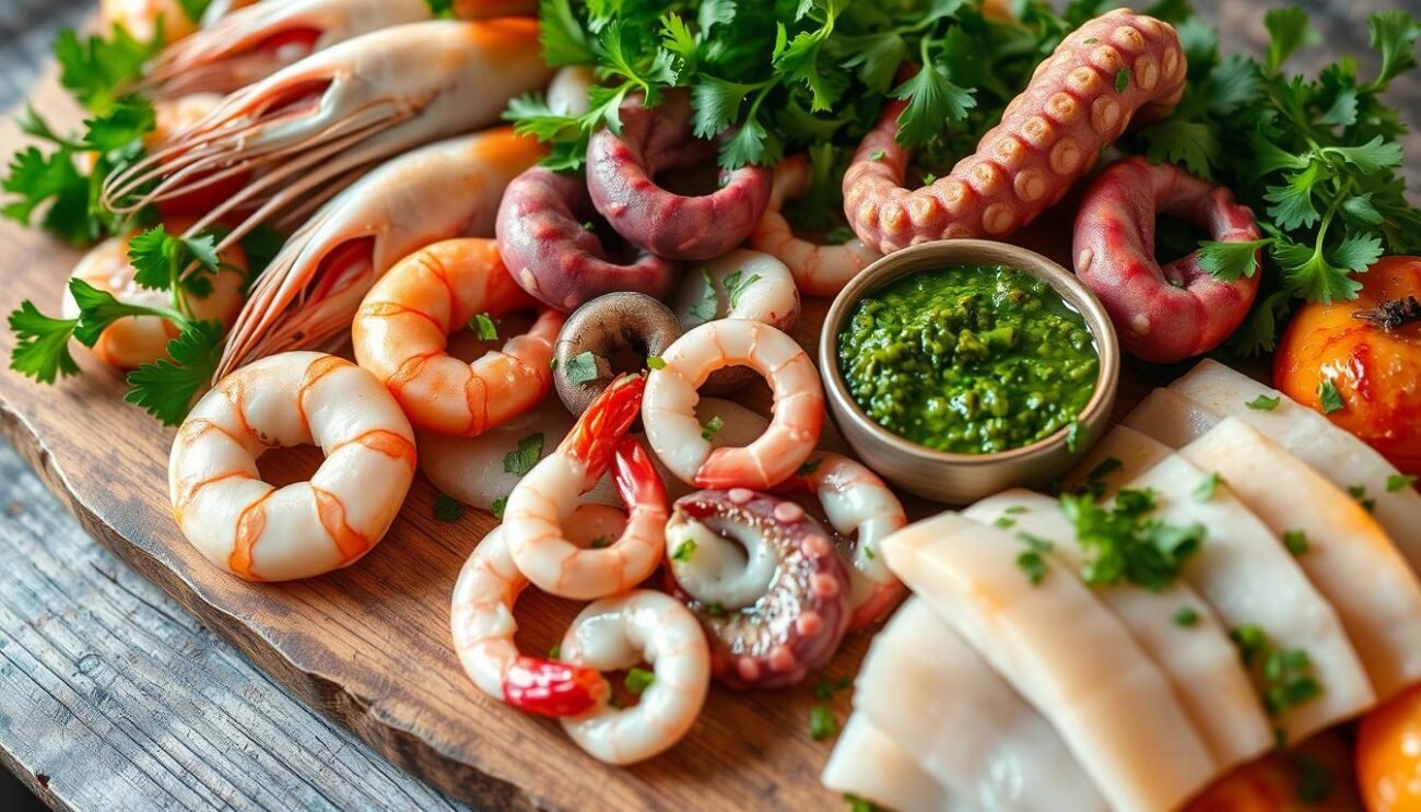 A bountiful display of fresh seafood and vibrant green herbs, artfully arranged on a rustic wooden surface. Glistening shrimp, tender octopus, and delicate white fish fillets, accompanied by a fragrant salsa verde made with parsley, garlic, and olive oil. The interplay of colors and textures creates a visually stunning and appetizing antipasto, capturing the essence of the Giulianese culinary tradition. Soft, natural lighting illuminates the scene, highlighting the intricate details and inviting the viewer to indulge in this authentic Italian delicacy.