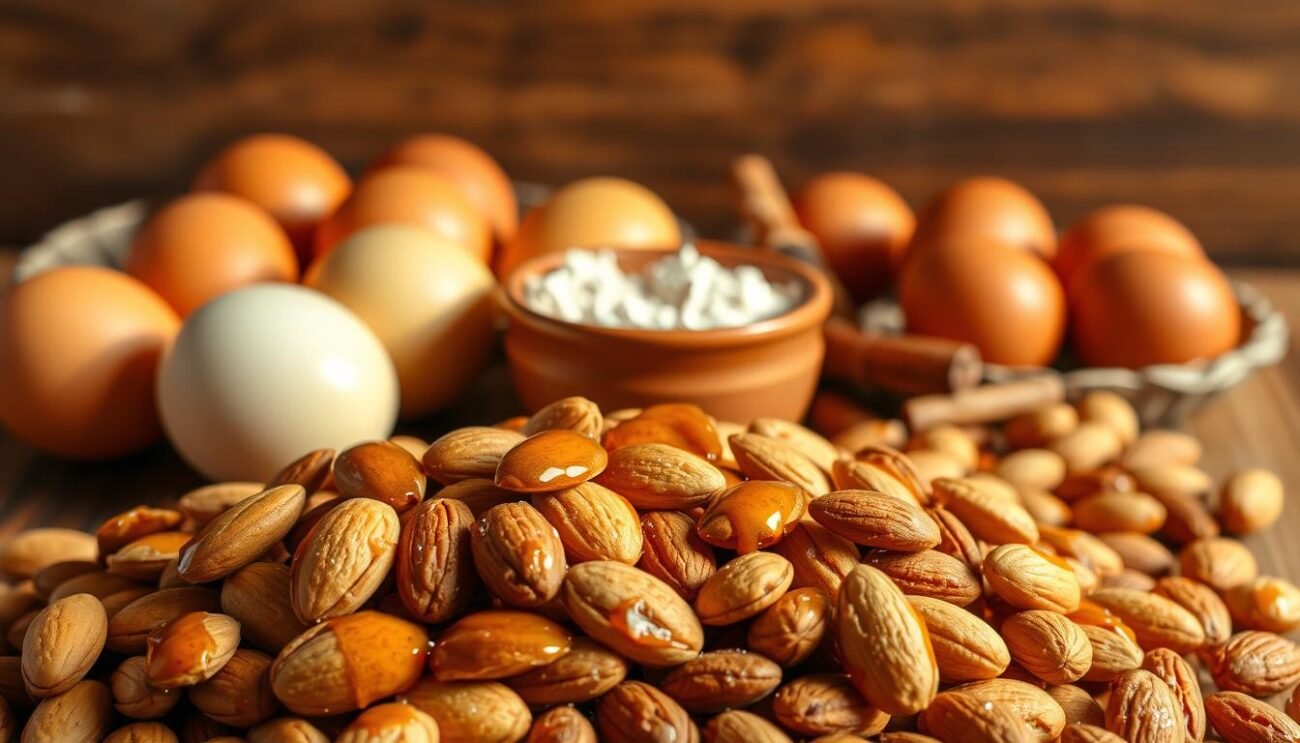A bountiful display of ingredients for the classic Tiriccas pastry. In the foreground, a pile of golden-brown almonds, their rough textures and warm tones contrasting with the glistening amber honey drizzled atop. Behind them, a scattering of whole eggs, their smooth shells reflecting the soft, natural lighting. In the middle ground, a small ceramic bowl overflows with a mixture of flour, sugar, and other fragrant spices, hinting at the homemade dough that will be the foundation of these spiral delights. The background features a rustic wooden surface, lending an authentic, Italian atmosphere to the scene. Warm, earthy tones and a touch of natural shadow create a sense of depth and dimension, inviting the viewer to imagine the process of crafting these traditional Tiriccas. A bountiful display of ingredients for the classic Tiriccas pastry. In the foreground, a pile of golden-brown almonds, their rough textures and warm tones contrasting with the glistening amber honey drizzled atop. Behind them, a scattering of whole eggs, their smooth shells reflecting the soft, natural lighting. In the middle ground, a small ceramic bowl overflows with a mixture of flour, sugar, and other fragrant spices, hinting at the homemade dough that will be the foundation of these spiral delights. The background features a rustic wooden surface, lending an authentic, Italian atmosphere to the scene. Warm, earthy tones and a touch of natural shadow create a sense of depth and dimension, inviting the viewer to imagine the process of crafting these traditional Tiriccas.