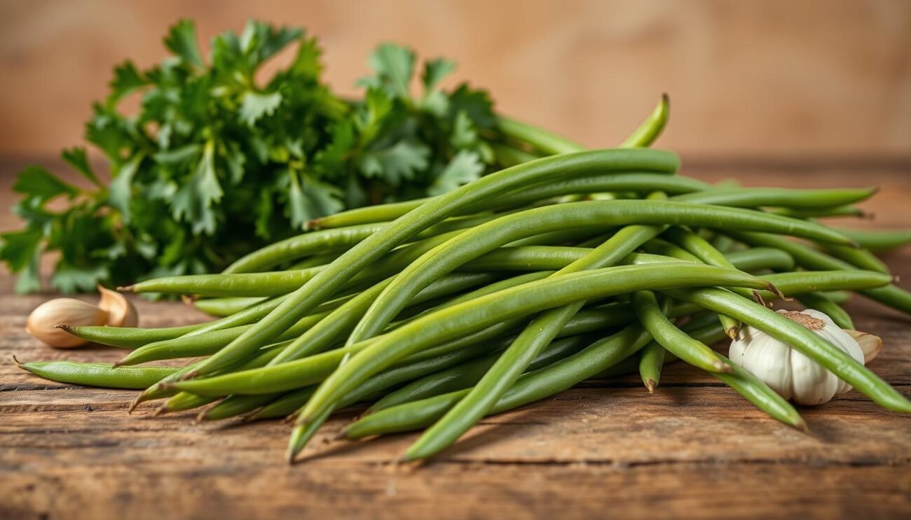 A bountiful harvest of fresh, slender fagiolini (green beans) resting on a rustic wooden surface, their vibrant green hues glistening under soft, natural lighting. In the foreground, the beans are arranged with care, their delicate forms and textured surfaces inviting a closer look. In the middle ground, a sprinkling of fragrant garlic cloves and sprigs of lush, verdant parsley add depth and aroma, hinting at the flavors to come. The background features a warm, muted tone, allowing the vibrant vegetables to take center stage, capturing the essence of a simple, yet delectable side dish.