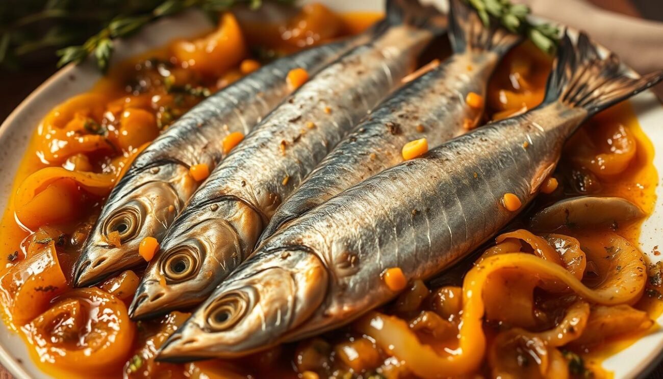 A bountiful plate of sarde in saor, a traditional Venetian dish. Glistening sardines, their silvery scales catching the warm light, nestled amidst a vibrant medley of caramelized onions, vinegar, and aromatic herbs. The scene evokes the rustic charm of an Italian kitchen, with a soft, golden-hued ambiance that transports the viewer to a bygone era of simple, honest flavors. The composition is balanced, with the sardines taking center stage, surrounded by the rich, earthy tones of the onions and the gentle swirls of the sauce. The image conveys the comforting, homemade essence of this classic Venetian culinary treasure.