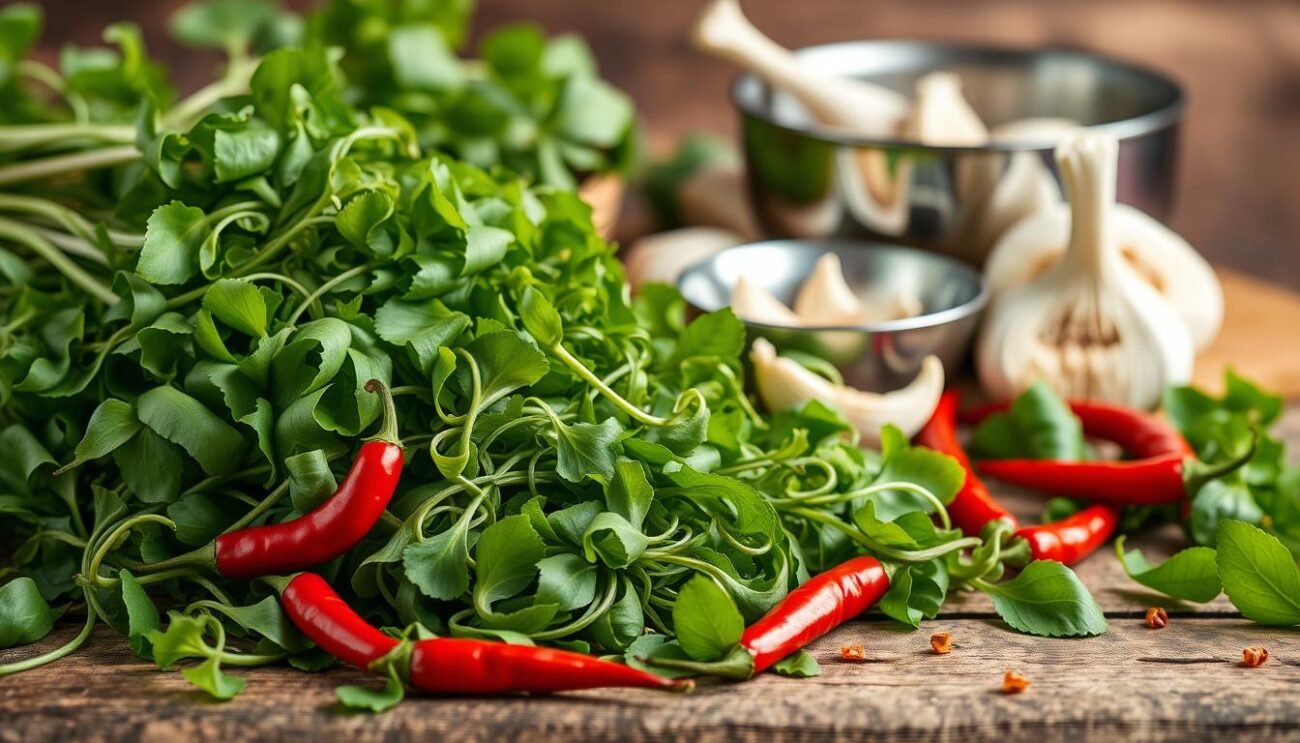A bountiful still life arrangement showcasing the key ingredients for the classic Italian dish "cicoria ripassata." In the foreground, a pile of fresh, vibrant green cicoria (dandelion greens) tumbles across a rustic wooden surface, their delicate leaves gently curling. In the middle ground, a gleaming silver bowl holds sliced garlic cloves, their pungent aroma wafting through the scene. Sprinkled throughout, small red chili peppers add a fiery touch, their skins glistening under warm, soft lighting. The background blurs subtly, drawing the eye to the earthy, natural beauty of these humble ingredients, ready to be transformed into a beloved regional specialty.