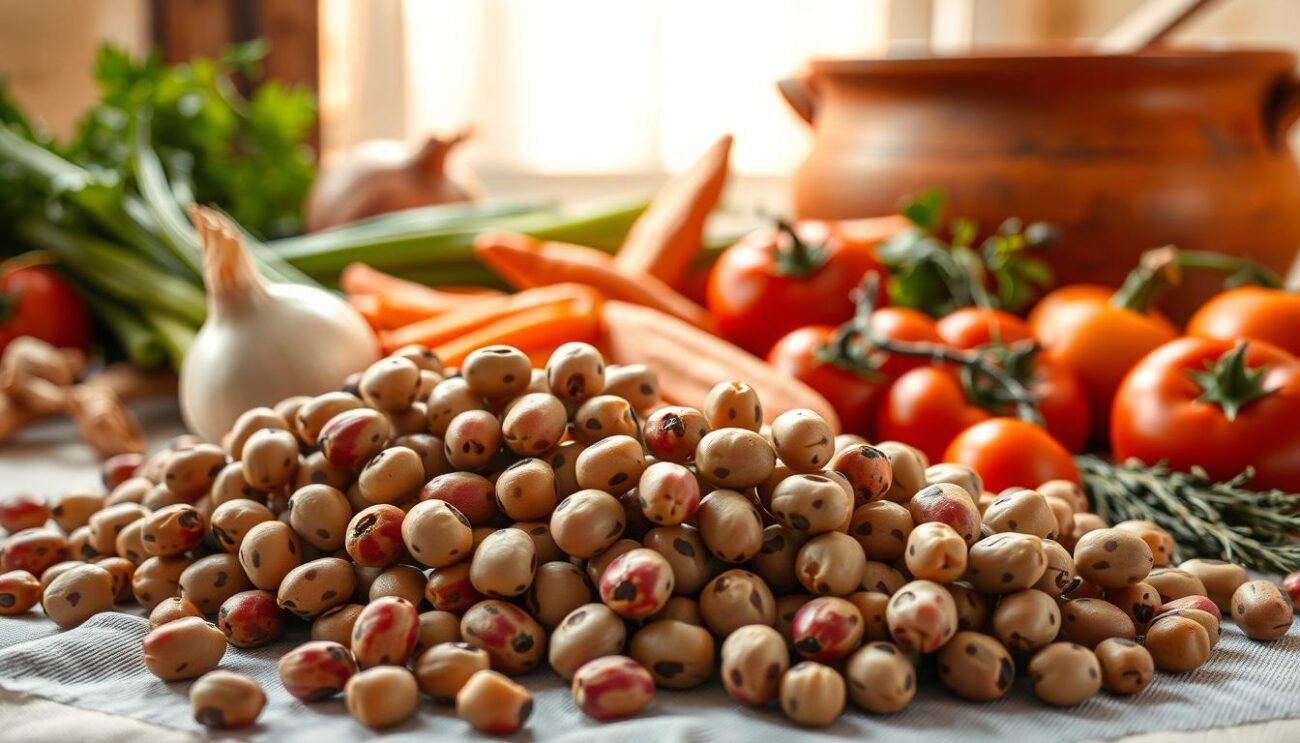 A bountiful still life of the classic Puglian ingredients for a hearty bean soup. In the foreground, a selection of fresh, plump beans with their distinctive spotted shells, their vibrant colors and textures contrasting against a linen cloth. Arranged in the middle ground, an assortment of aromatic vegetables - onions, carrots, celery, and tomatoes - ready to be chopped and simmered into a robust broth. In the background, a rustic, earthenware pot and wooden spoon, hinting at the comforting, homemade nature of this traditional regional dish. Warm, natural lighting casts a soft glow over the scene, evoking the cozy, countryside atmosphere of an Italian kitchen. A bountiful still life of the classic Puglian ingredients for a hearty bean soup. In the foreground, a selection of fresh, plump beans with their distinctive spotted shells, their vibrant colors and textures contrasting against a linen cloth. Arranged in the middle ground, an assortment of aromatic vegetables - onions, carrots, celery, and tomatoes - ready to be chopped and simmered into a robust broth. In the background, a rustic, earthenware pot and wooden spoon, hinting at the comforting, homemade nature of this traditional regional dish. Warm, natural lighting casts a soft glow over the scene, evoking the cozy, countryside atmosphere of an Italian kitchen.