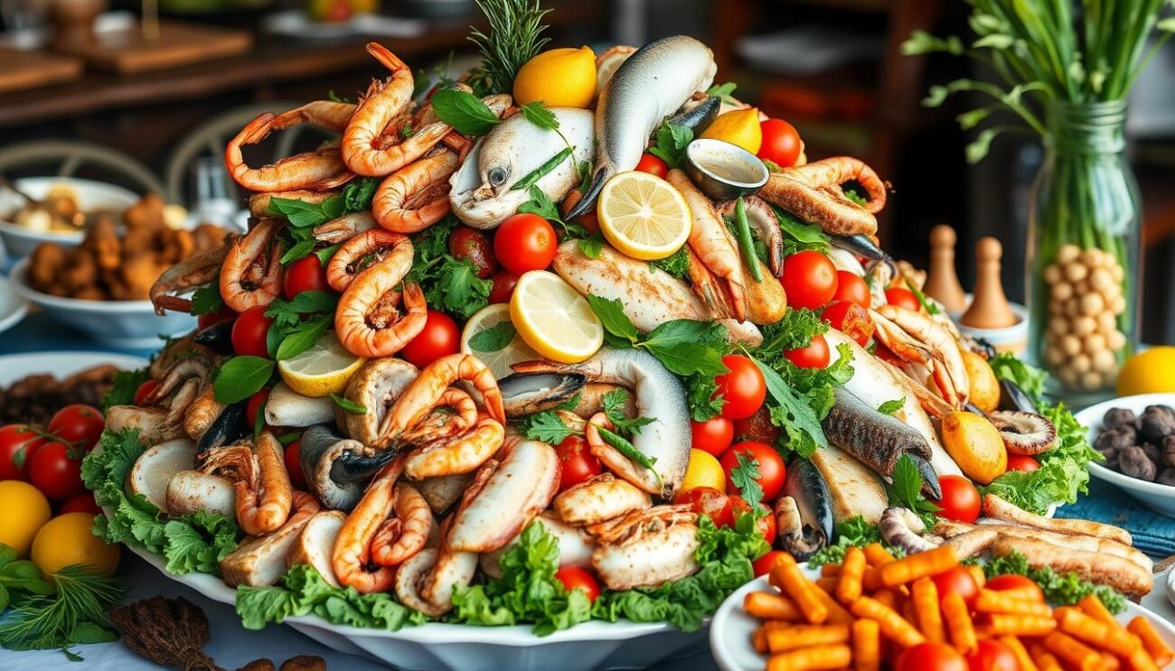 A bountiful table laden with an impressive array of seafood and seasonal vegetables, the Cappon Magro is a magnificent Genoese culinary tradition. A towering centerpiece, its intricate layers showcase the freshest catches, from succulent shrimp and tender octopus to flaky white fish. Crisp greens, vibrant tomatoes, and fragrant herbs accent the marine bounty, creating a harmonious balance of flavors and textures. Bathed in a delicate, lemon-infused vinaigrette, the Cappon Magro emanates an air of coastal sophistication, its presentation a true work of edible art. Captured in warm, natural lighting, the image conveys the dish's rustic elegance and the artistry of Ligurian cuisine. A bountiful table laden with an impressive array of seafood and seasonal vegetables, the Cappon Magro is a magnificent Genoese culinary tradition. A towering centerpiece, its intricate layers showcase the freshest catches, from succulent shrimp and tender octopus to flaky white fish. Crisp greens, vibrant tomatoes, and fragrant herbs accent the marine bounty, creating a harmonious balance of flavors and textures. Bathed in a delicate, lemon-infused vinaigrette, the Cappon Magro emanates an air of coastal sophistication, its presentation a true work of edible art. Captured in warm, natural lighting, the image conveys the dish's rustic elegance and the artistry of Ligurian cuisine.