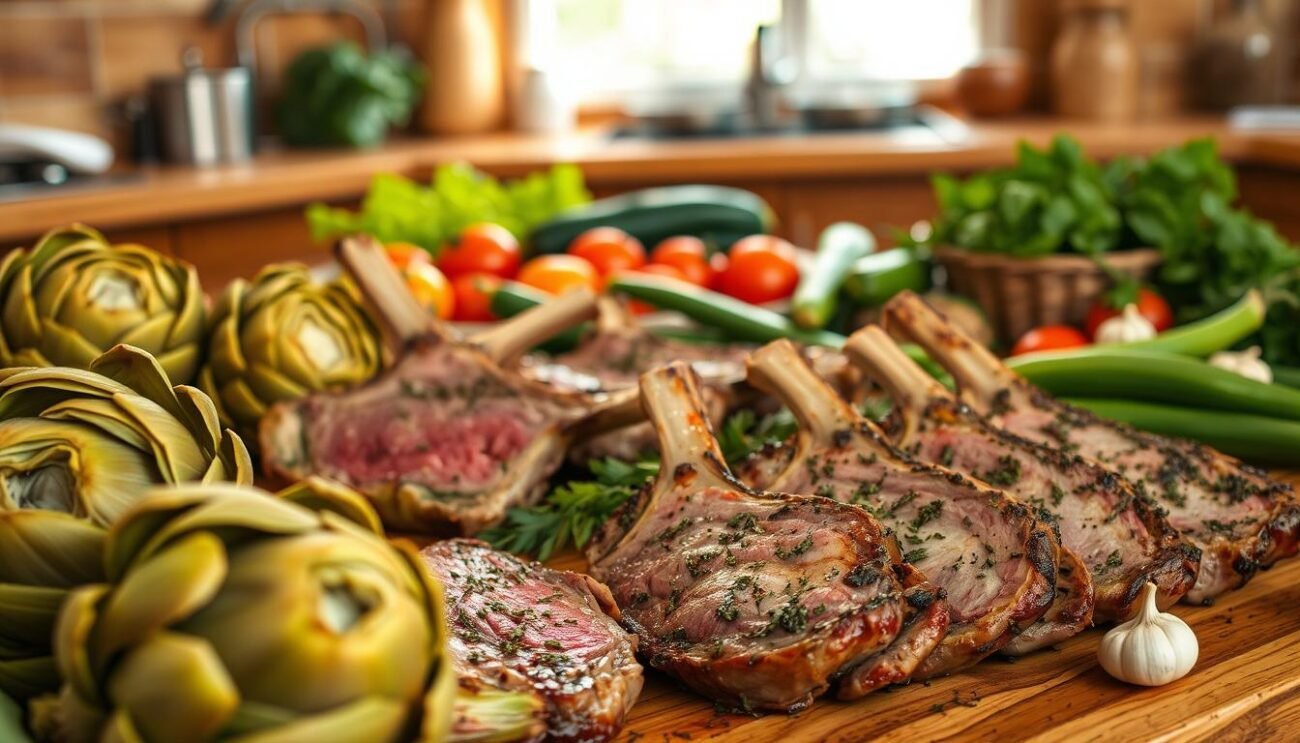 A bountiful table of earthy tones and rustic textures. In the foreground, freshly harvested artichokes, their fleshy leaves and tender hearts glistening under soft, golden lighting. Surrounding them, succulent lamb chops, marinated in fragrant herbs and spices, seared to perfection. In the middle ground, a selection of Mediterranean vegetables - sun-ripened tomatoes, vibrant green zucchini, and fragrant garlic cloves. The background is a warm, inviting kitchen, with wooden countertops and terracotta tiles, hinting at the comforting, homemade nature of this Sardinian delicacy. The overall mood is one of rustic elegance, capturing the essence of this traditional Easter dish.