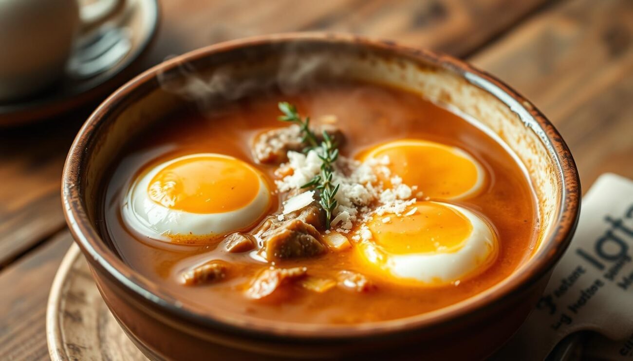 A bowl of Zuppa alla Pavese, a classic Italian soup from the Lombardy region. Soft, golden-yolked eggs poached in a savory, aromatic beef broth, garnished with freshly grated Parmesan and sprigs of fragrant thyme. The warm, comforting soup is captured in soft, natural lighting, with a rustic, earthenware bowl resting on a wooden table. The steam rising from the bowl creates a cozy, inviting atmosphere, perfectly reflecting the historic roots and homely nature of this traditional Lombard dish.