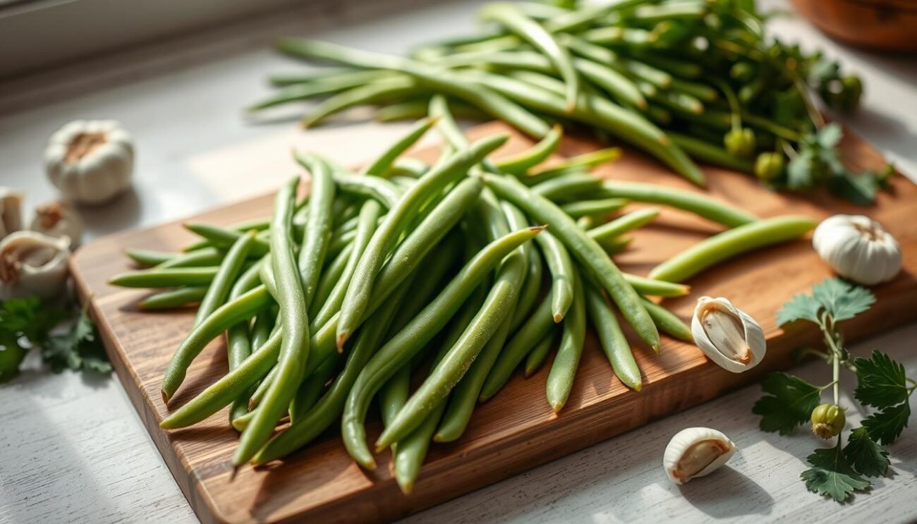 A bright and airy kitchen, with fresh green fagiolini (green beans) laid out on a wooden cutting board. The beans are perfectly crisp, their stems trimmed and ready for preparation. Cloves of garlic and sprigs of fragrant parsley are scattered nearby, hinting at the flavors to come. Soft, diffused lighting accentuates the vibrant colors, casting gentle shadows that add depth and dimension. The scene exudes a sense of culinary anticipation, inviting the viewer to imagine the flavorful dish that will result from this simple, yet essential preparatory stage.