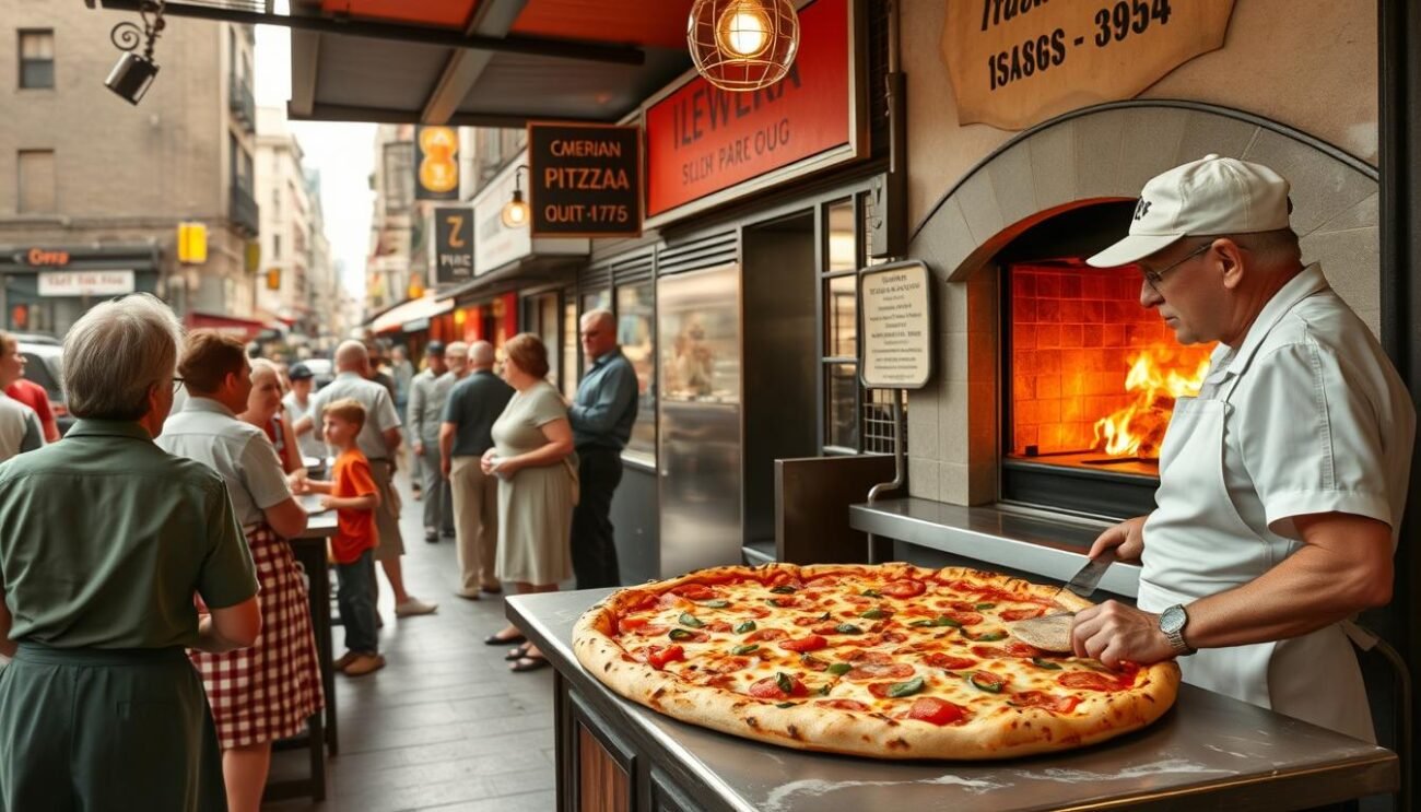 A bustling Italian neighborhood in the mid-20th century, with a family-owned pizzeria at its heart. The aroma of freshly baked dough and melted cheese wafts through the air, drawing in hungry patrons. The pizzaiolo, in his crisp white apron, expertly tosses the dough, creating a thin, perfectly charred crust. Vibrant tomato sauce and an array of toppings are carefully assembled, before the pizza is slid into a wood-fired oven, its flames flickering. In the background, a lively street scene unfolds, with locals chatting, children playing, and the occasional veteran returning home, eager to sample the delicious pizza that has become a symbol of American culinary culture. A bustling Italian neighborhood in the mid-20th century, with a family-owned pizzeria at its heart. The aroma of freshly baked dough and melted cheese wafts through the air, drawing in hungry patrons. The pizzaiolo, in his crisp white apron, expertly tosses the dough, creating a thin, perfectly charred crust. Vibrant tomato sauce and an array of toppings are carefully assembled, before the pizza is slid into a wood-fired oven, its flames flickering. In the background, a lively street scene unfolds, with locals chatting, children playing, and the occasional veteran returning home, eager to sample the delicious pizza that has become a symbol of American culinary culture.