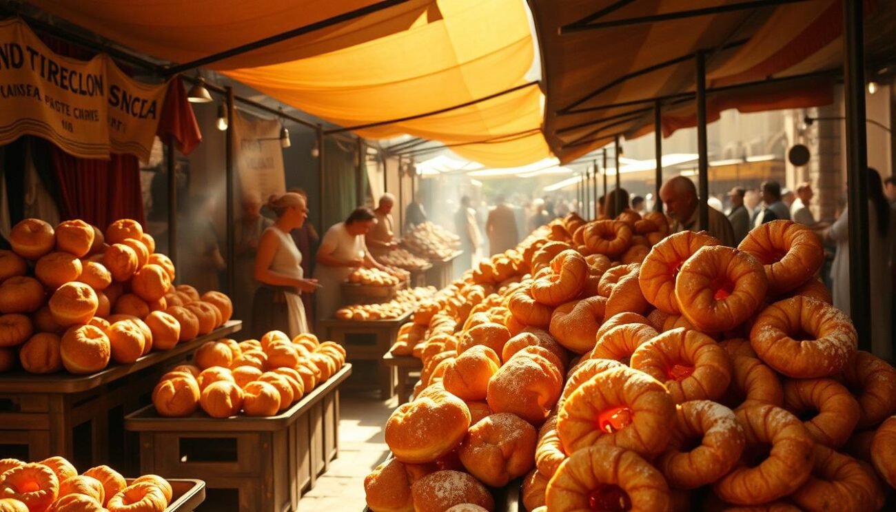 A bustling open-air market in ancient Rome, stalls brimming with crisp, golden-brown fritters. Plump dough globes, glistening with honey and fragrant spices, the <i>globus</i> - a decadent precursor to today's doughnuts. Nearby, delicate <i>luncunculus</i> pastries, their twisted forms dusted with powdered sugar, beckoning to be savored. Sunlight filters through the canopy, casting a warm glow over the scene. The air is thick with the aroma of frying batter and the lively chatter of merchants and patrons. This is a glimpse into the vibrant street food culture that laid the foundations for Rome's celebrated dessert traditions.