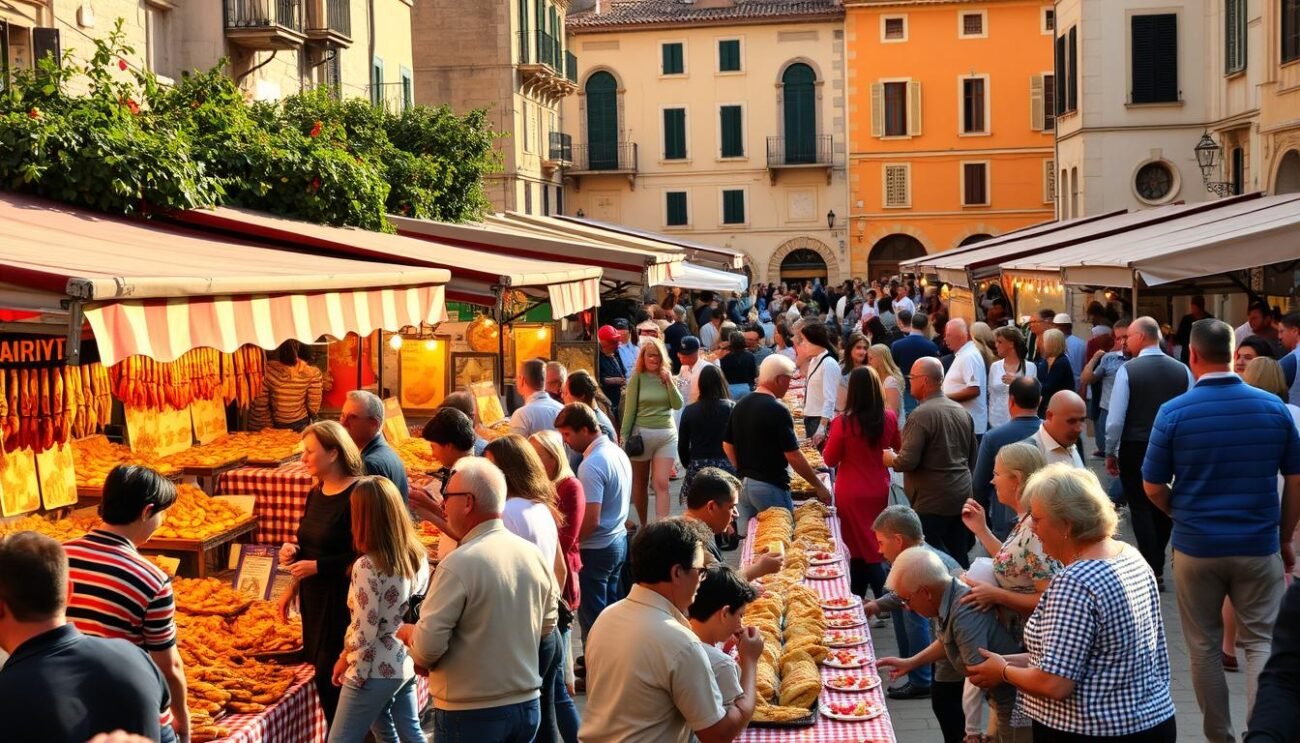 A bustling outdoor festival in a quaint Italian town, with vibrant stalls showcasing the iconic Stocco di Mammola - a traditional dried and salted cod dish served with potatoes and peppers. The scene is bathed in warm, golden light, capturing the lively atmosphere as locals and visitors mingle, sampling the regional delicacies and celebrating the culinary heritage of Calabria. In the foreground, vendors enthusiastically display their wares, while in the middle ground, families and friends gather at long tables, sharing plates of the savory Stocco. The background features the charming facades of historic buildings, creating a picturesque and authentic setting for this beloved annual celebration.