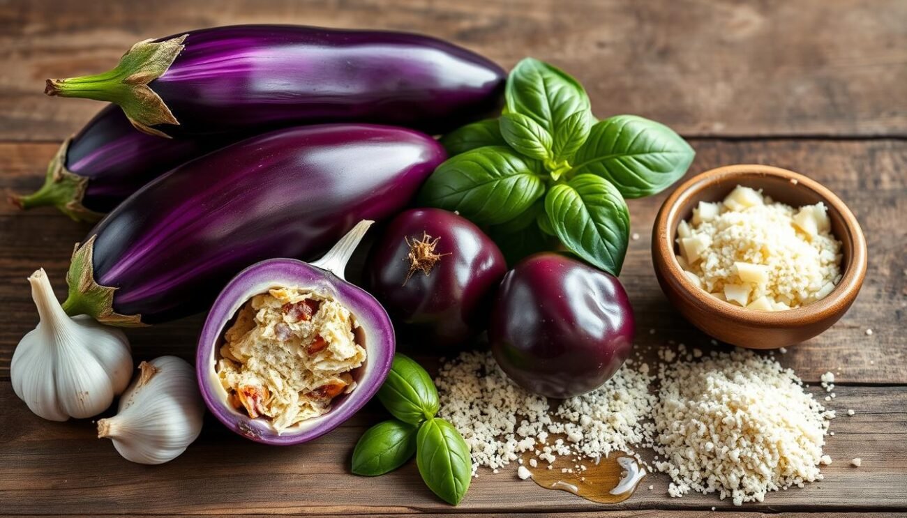 A carefully arranged still life of the key ingredients for authentic Sicilian eggplant polpette (meatballs): vibrant purple eggplants, plump garlic cloves, fragrant fresh basil leaves, grated Parmesan cheese, breadcrumbs, and a drizzle of olive oil. The ingredients are neatly laid out on a rustic wooden surface, bathed in soft, natural lighting that accentuates their textures and colors. The overall composition has a warm, homemade feel, conveying the comforting and traditional nature of this beloved regional dish.