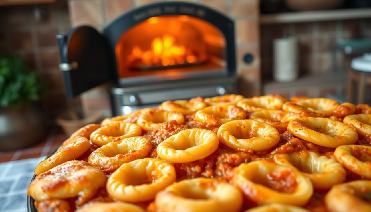 A carefully arranged timballo of anelletti al forno, the traditional Sicilian baked pasta dish. The foreground showcases the golden-brown crust, with the circular pasta rings visible beneath. The middle ground reveals the rich, tomatoey sauce and melted cheese that binds the layers together. In the background, a rustic Italian kitchen setting, with a vintage oven and terracotta tiles, evokes the homemade, artisanal nature of this beloved Sicilian specialty. Warm, inviting lighting casts a cozy glow, capturing the comforting, traditional essence of this classic dish.