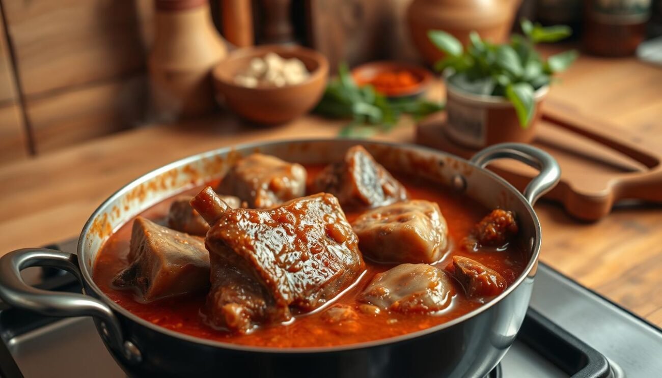 A carefully prepared coda alla vaccinara, the iconic Roman oxtail stew, simmering on the stovetop. In the foreground, the tender oxtail pieces are submerged in a rich, savory sauce, their surface glistening under the warm, soft lighting. The middle ground features fragrant herbs and spices, their aromas wafting through the air. In the background, a rustic, wooden kitchen counter sets the scene, conveying the homely, comforting atmosphere of traditional Roman cuisine. The image captures the essence of the step-by-step preparation of this beloved dish, inviting the viewer to imagine the satisfying flavors and textures that await.
