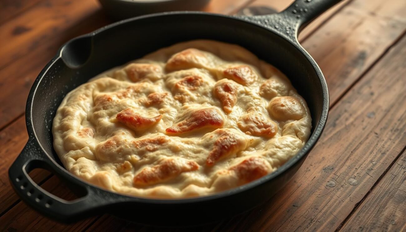A cast iron skillet sizzles on a rustic wooden countertop, the delicate layers of Crescia Sfogliata dough gently browning in the golden light. Crisp edges give way to a soft, pillowy interior, inviting the viewer to imagine the savory flavors and satisfying texture. The camera angles capture the process of cooking this traditional Marchigiana flatbread, highlighting the skilled technique required to achieve the perfect balance of crunch and chew. Warm, comforting tones create an atmosphere of homemade traditions and artisanal craftsmanship, perfectly complementing the article's focus on the joys of enjoying Crescia with cured meats and cheeses.