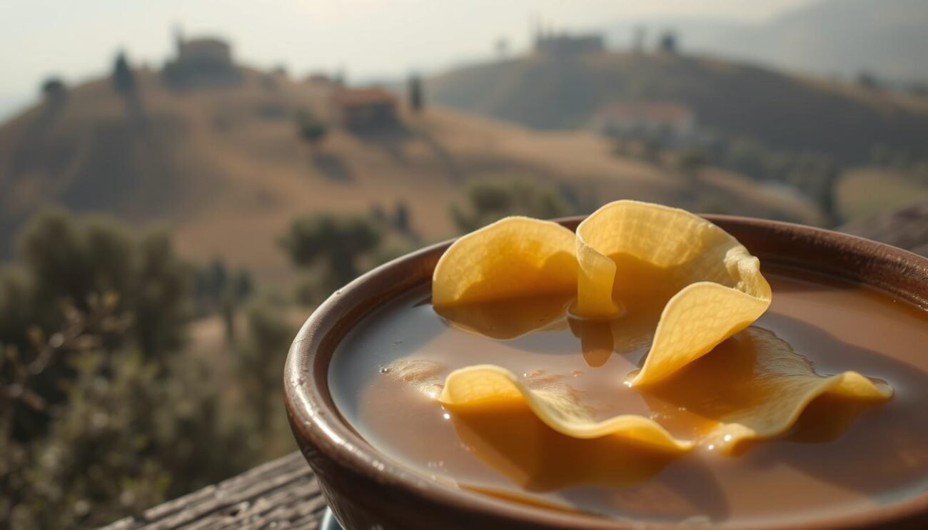A classic Abruzzese dish, Scrippelle 'Mbusse are delicate crêpes nestled in a savory broth. The crêpes are delicately crafted, with a slight golden hue and a silky texture. They float gracefully in a clear, steaming broth, infused with the robust flavors of the Abruzzese culinary tradition. In the foreground, the crêpes are presented in a rustic, earthenware bowl, casting soft shadows. The middle ground features a rolling Abruzzese hillside, dotted with olive trees and stone farmhouses. The background is a hazy, atmospheric landscape, evoking the warmth and tranquility of the region. The lighting is soft and natural, creating a cozy, inviting atmosphere. This image captures the essence of the Scrippelle 'Mbusse, a true taste of Abruzzese heritage. A classic Abruzzese dish, Scrippelle 'Mbusse are delicate crêpes nestled in a savory broth. The crêpes are delicately crafted, with a slight golden hue and a silky texture. They float gracefully in a clear, steaming broth, infused with the robust flavors of the Abruzzese culinary tradition. In the foreground, the crêpes are presented in a rustic, earthenware bowl, casting soft shadows. The middle ground features a rolling Abruzzese hillside, dotted with olive trees and stone farmhouses. The background is a hazy, atmospheric landscape, evoking the warmth and tranquility of the region. The lighting is soft and natural, creating a cozy, inviting atmosphere. This image captures the essence of the Scrippelle 'Mbusse, a true taste of Abruzzese heritage.