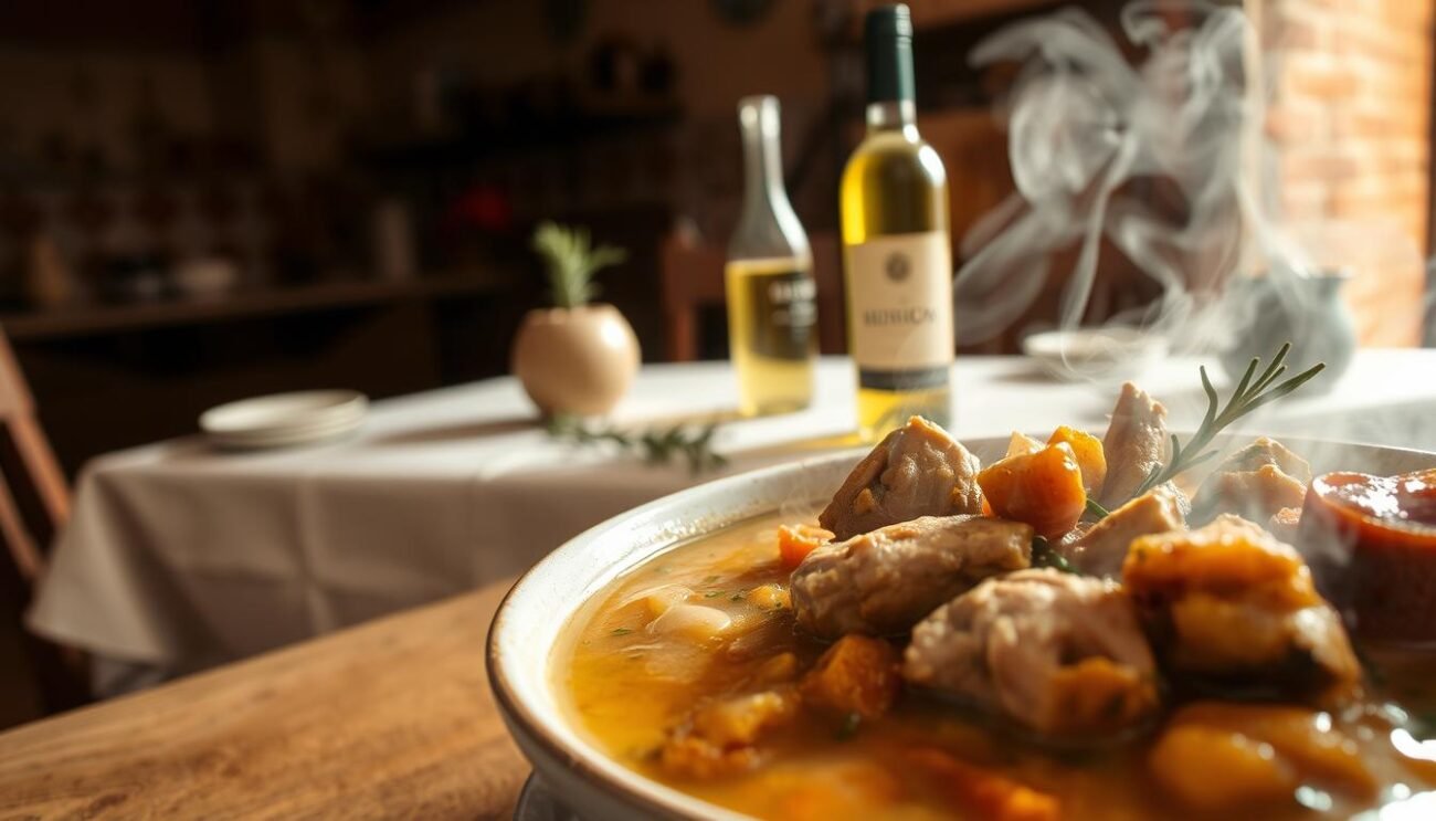 A classic Abruzzese rabbit stew simmered in a rich white wine sauce, garnished with fresh herbs and aromatic vegetables. In the foreground, a steaming bowl of the hearty dish, its golden broth glistening under the warm, soft lighting. In the middle ground, a rustic wooden table set with a simple linen cloth, a carafe of the accompanying white wine, and a sprig of rosemary. The background evokes a cozy, countryside kitchen, with exposed beams and a hint of terracotta tile. The overall scene captures the comforting, homespun essence of this traditional Abruzzese culinary treasure.