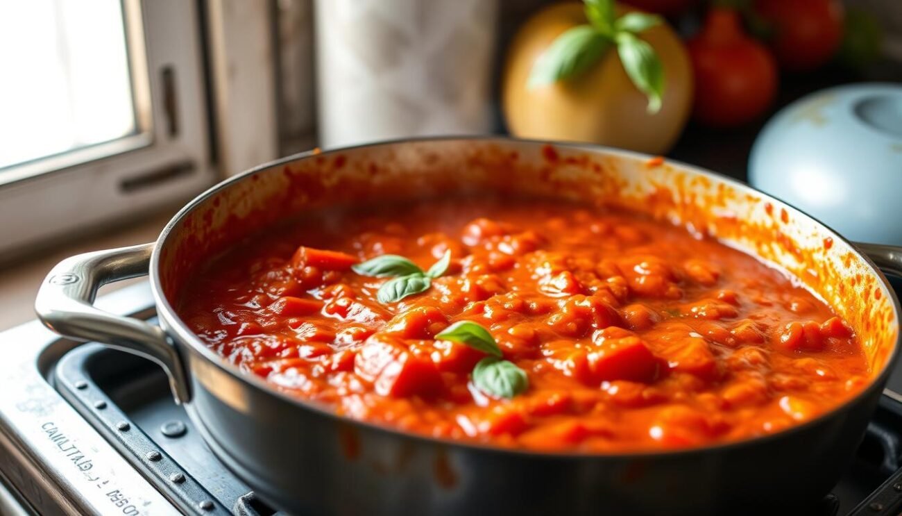 A classic Italian tomato sauce, known as sugo di pomodoro, simmers on a rustic stovetop. Ripe, juicy tomatoes are crushed and simmered with fragrant basil, garlic, and a hint of olive oil, creating a rich, vibrant red sauce. The warm, inviting aroma fills the air, hinting at the deep, complex flavors to come. Soft light from a nearby window casts a gentle glow, accentuating the sauce's velvety texture. This traditional condiment, a staple of Italian cuisine, is ready to be lovingly spooned over freshly made pasta, embodying the essence of Italian culinary heritage.