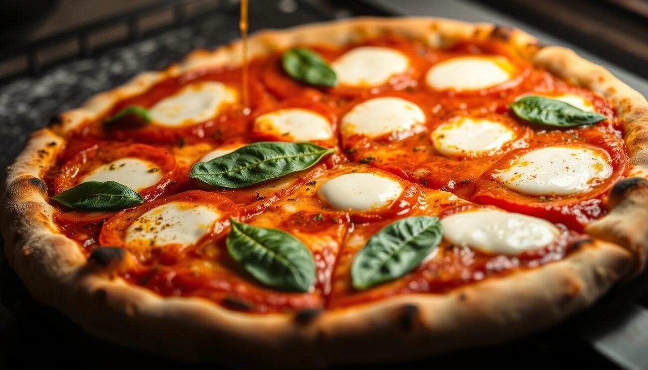 A classic Neapolitan pizza margherita, freshly baked in a wood-fired oven with a thin, crisp crust. The tomato sauce is made from ripe, juicy San Marzano tomatoes, seasoned with fragrant basil leaves. Creamy mozzarella cheese, sourced from the Campania region, is scattered across the surface, melting into gooey pockets. The aroma of olive oil and the char of the crust fill the air, creating an inviting and mouthwatering scene. The pizza is captured in natural lighting, with a shallow depth of field that focuses the viewer's attention on the delectable details. This image perfectly captures the essence of the traditional Italian pizza margherita, representing the evolution of the classic tomato and mozzarella pizza.